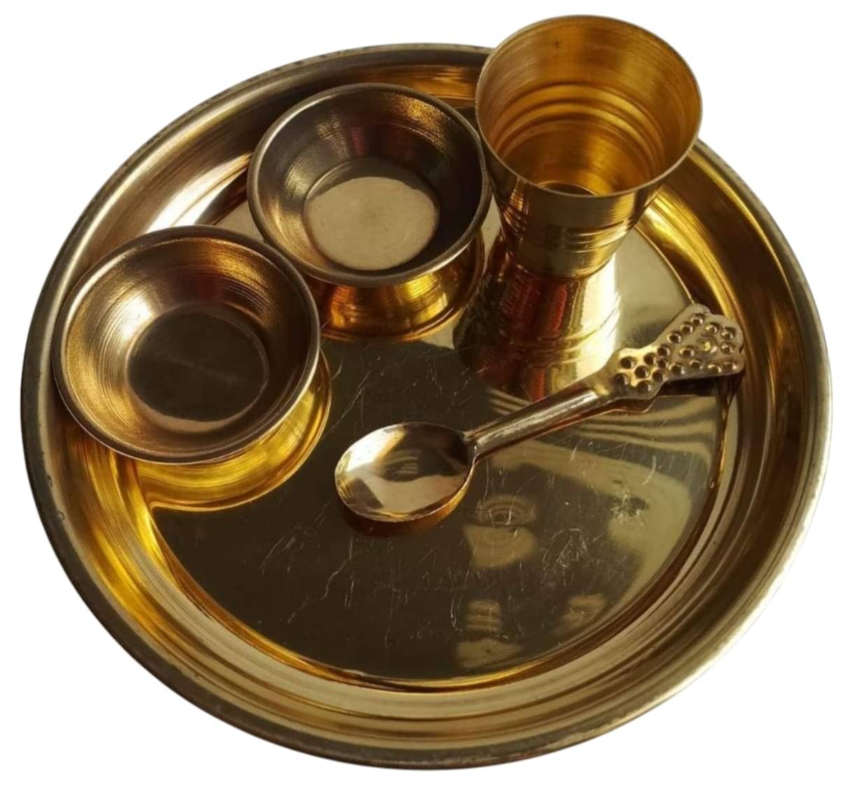 Laddu Gopal Ganpati Ji Puja Bhog Thali Set – Stainless Steel Plate, Bowls, Spoon & Glass (5 Pcs) Laddu Gopal Ganpati Ji Puja Bhog Thali Set – Stainless Steel Plate, Bowls, Spoon & Glass (5 Pcs)
