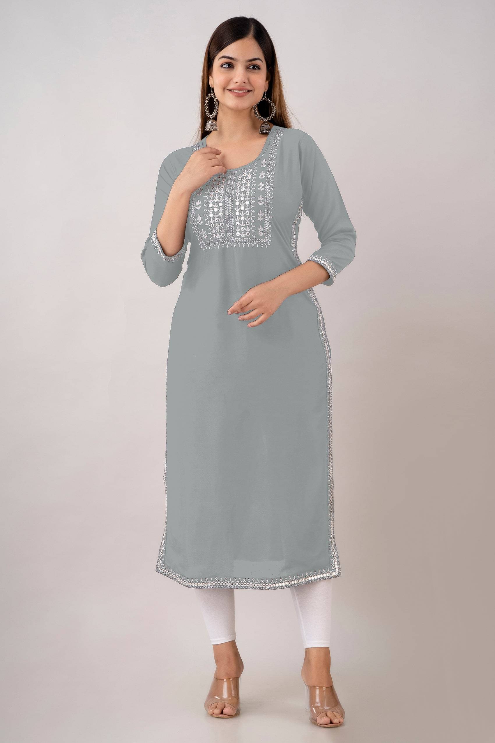 Udati Kaliya Women Rayon Embroidered Straight Kurti ( Grey )     			Udati Kaliya Women Rayon Embroidered Straight Kurti ( Grey )