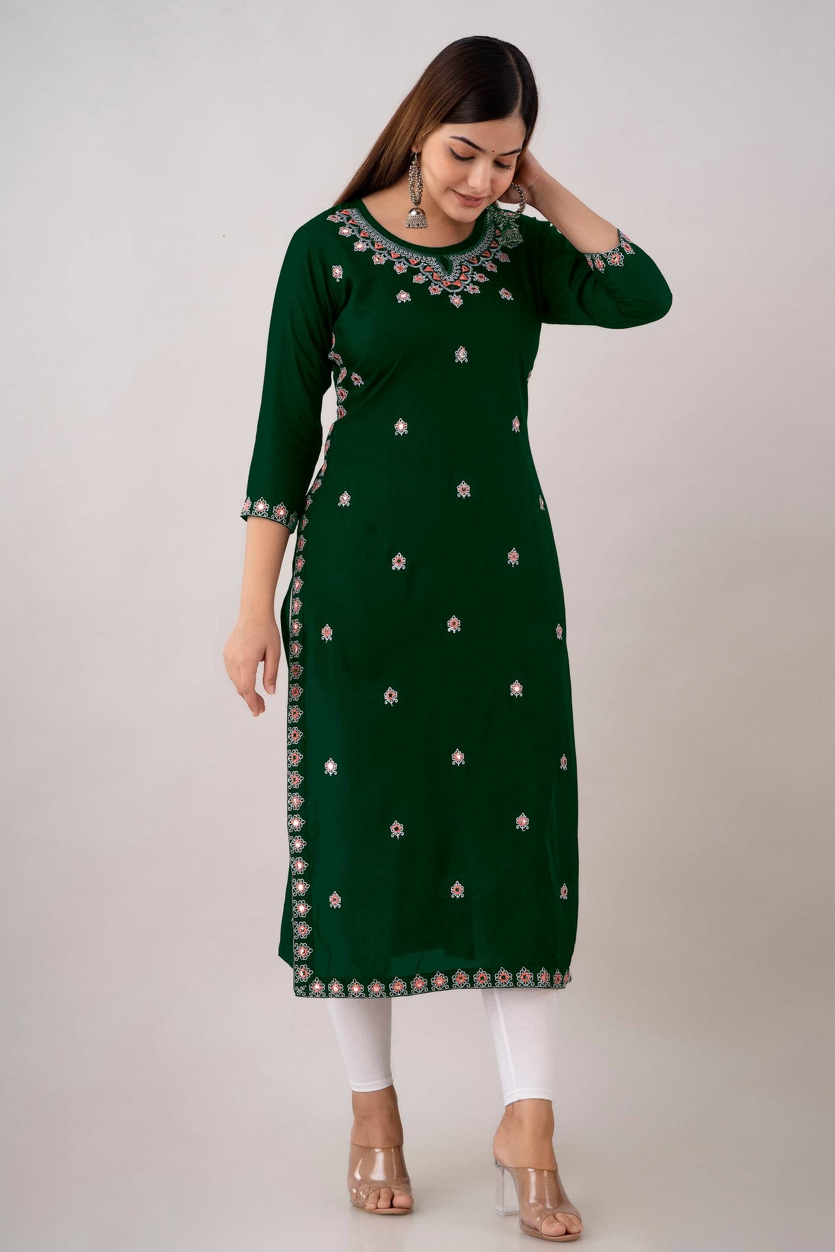     			Udati Kaliya Women Rayon Embroidered Straight Kurti ( Dark Green )