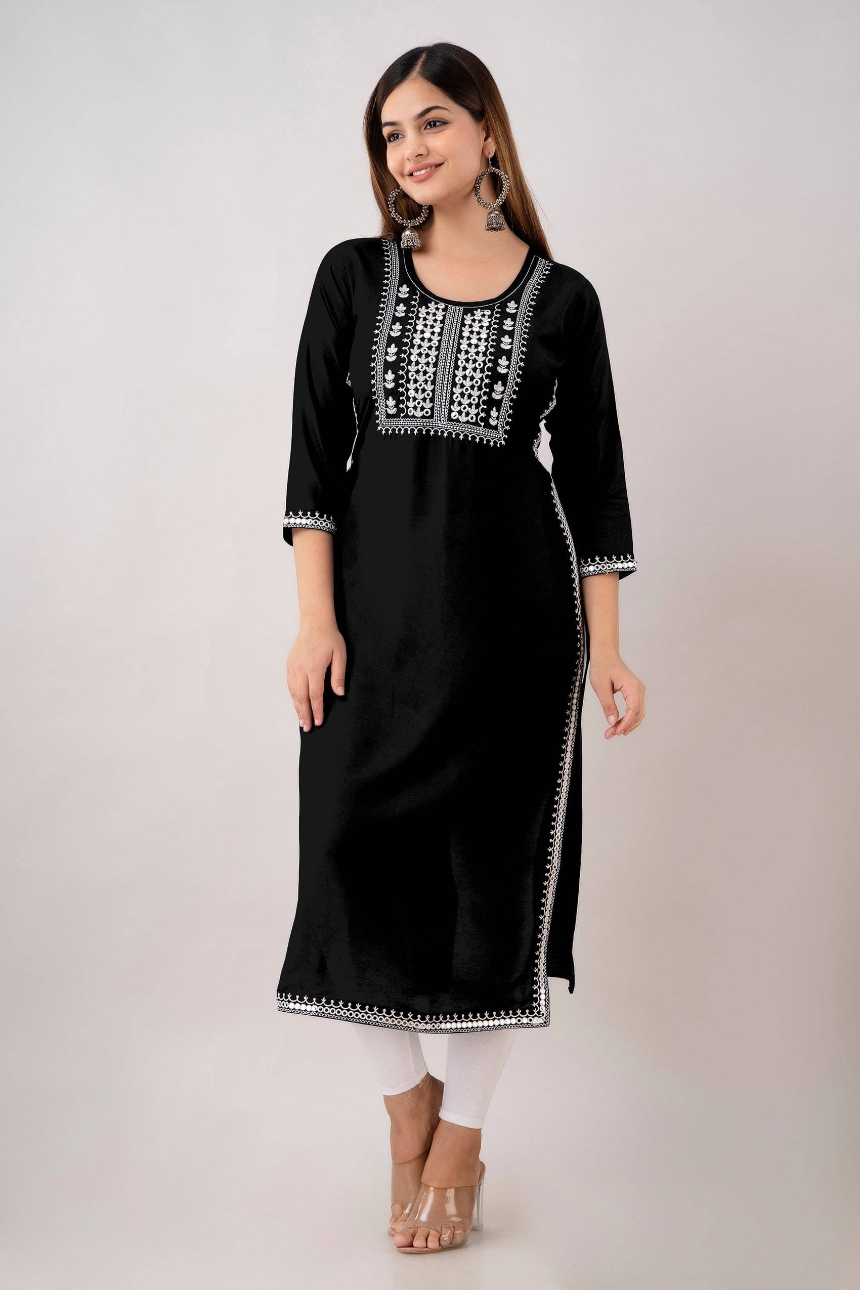     			Udati Kaliya Women Rayon Embroidered Straight Kurti ( Black )