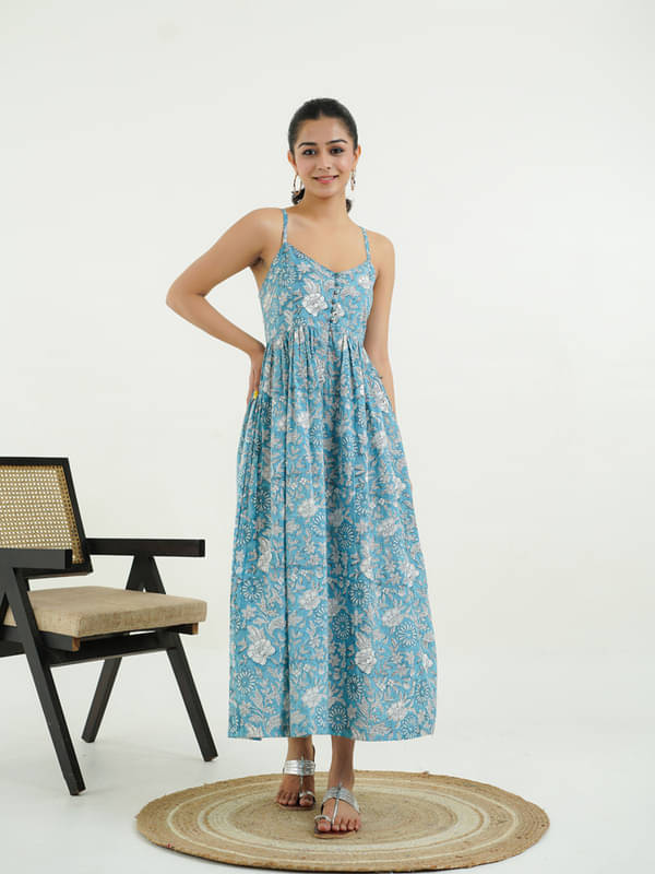 Goodhand Women Cotton Printed Fit & Flare Dress ( Blue ) Goodhand Women Cotton Printed Fit & Flare Dress ( Blue )