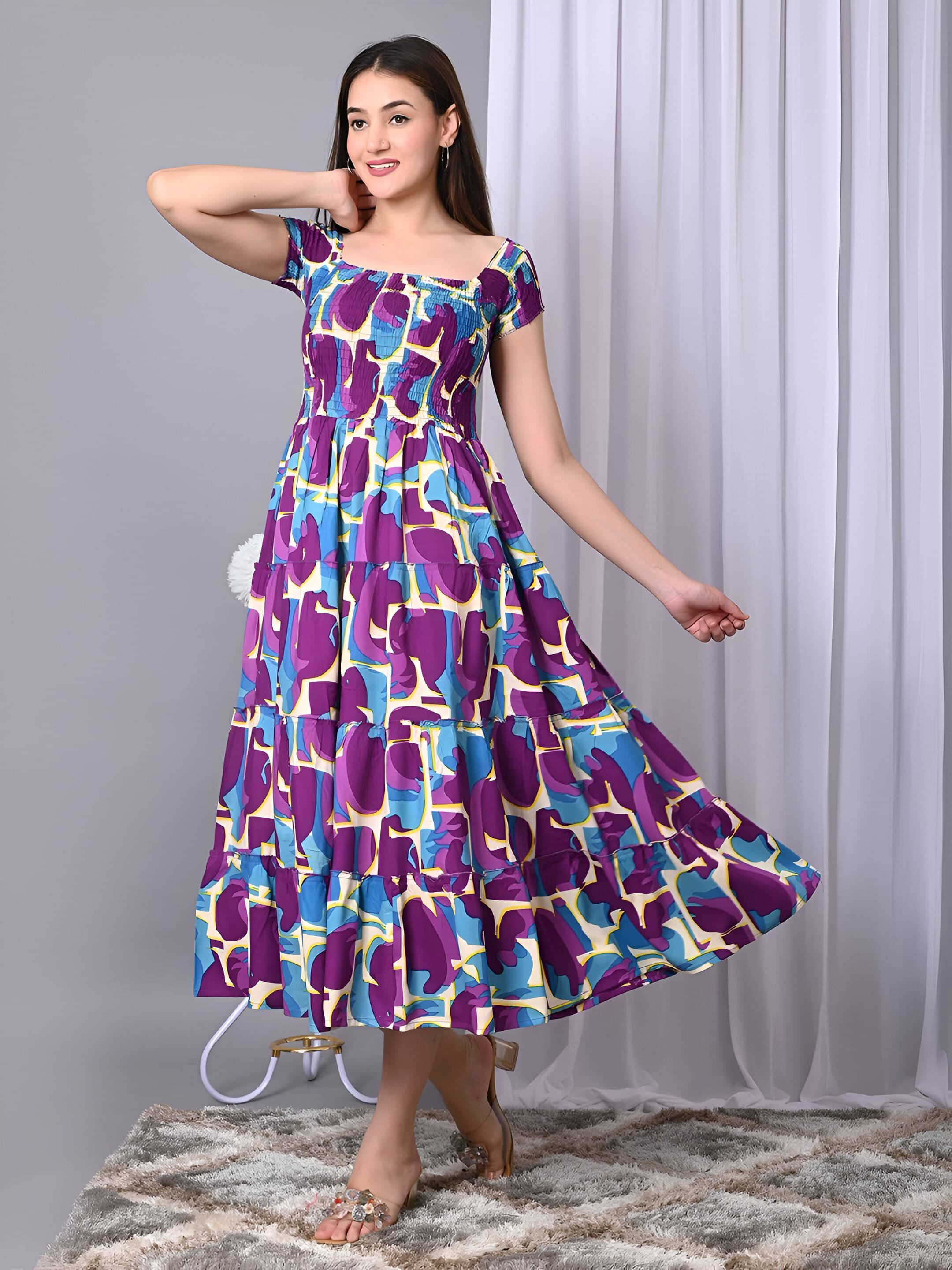 OTABU Women Polyester Printed Fit & Flare Dress ( Purple ) OTABU Women Polyester Printed Fit & Flare Dress ( Purple )