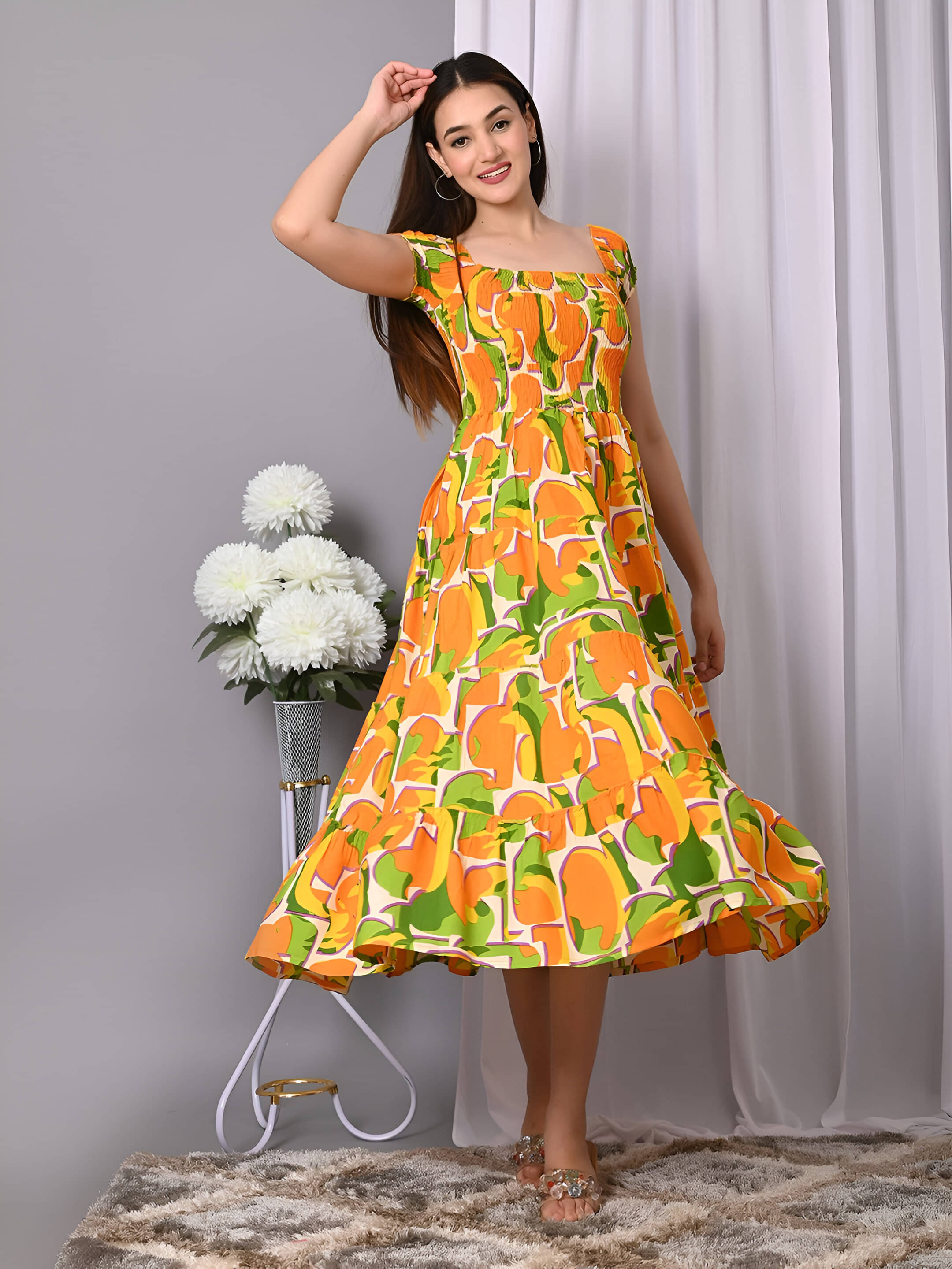 ZWERLON Women Polyester Printed Fit & Flare Dress ( Yellow ) ZWERLON Women Polyester Printed Fit & Flare Dress ( Yellow )