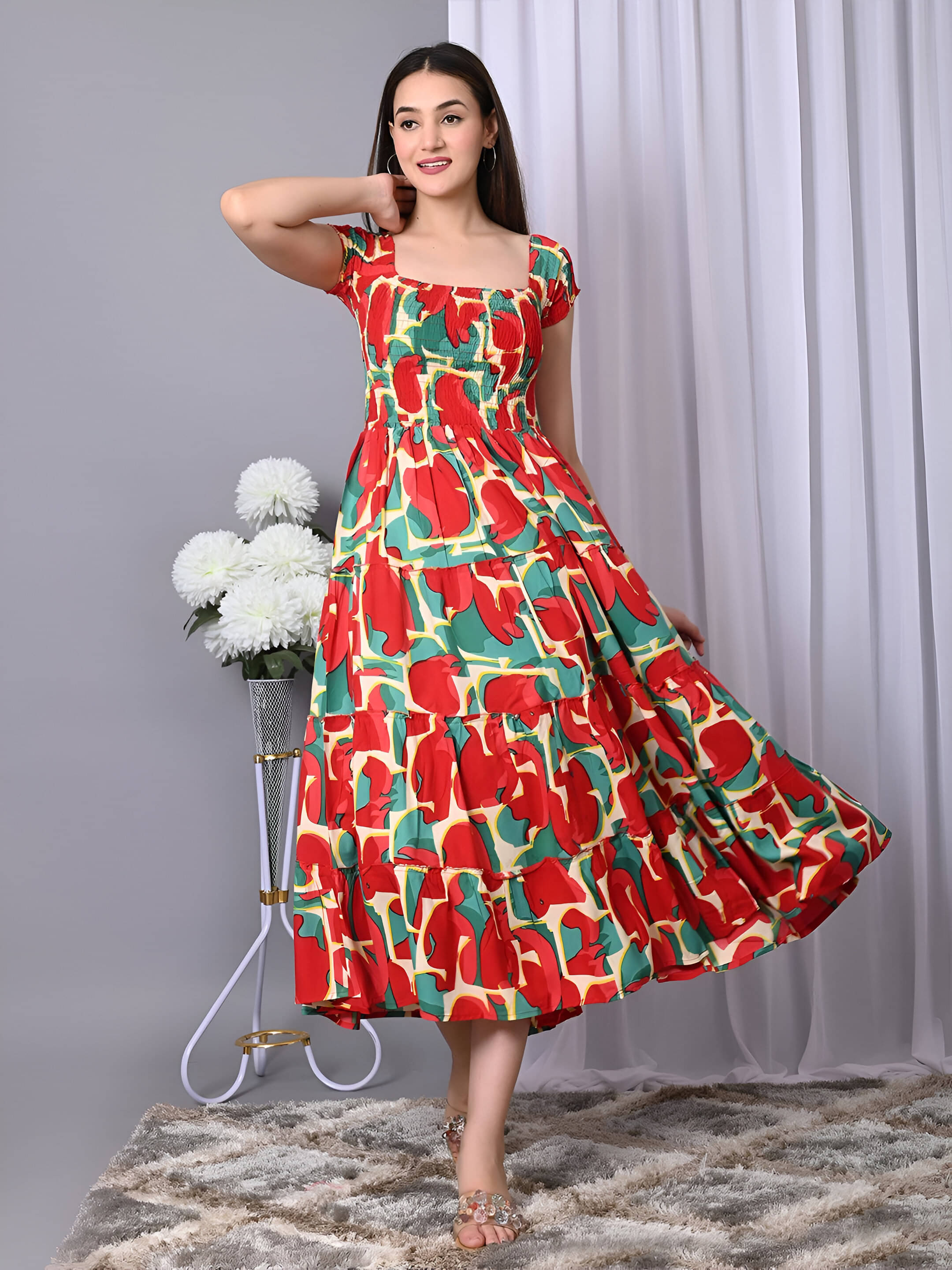     			ZWERLON Women Polyester Printed Fit & Flare Dress ( Red )
