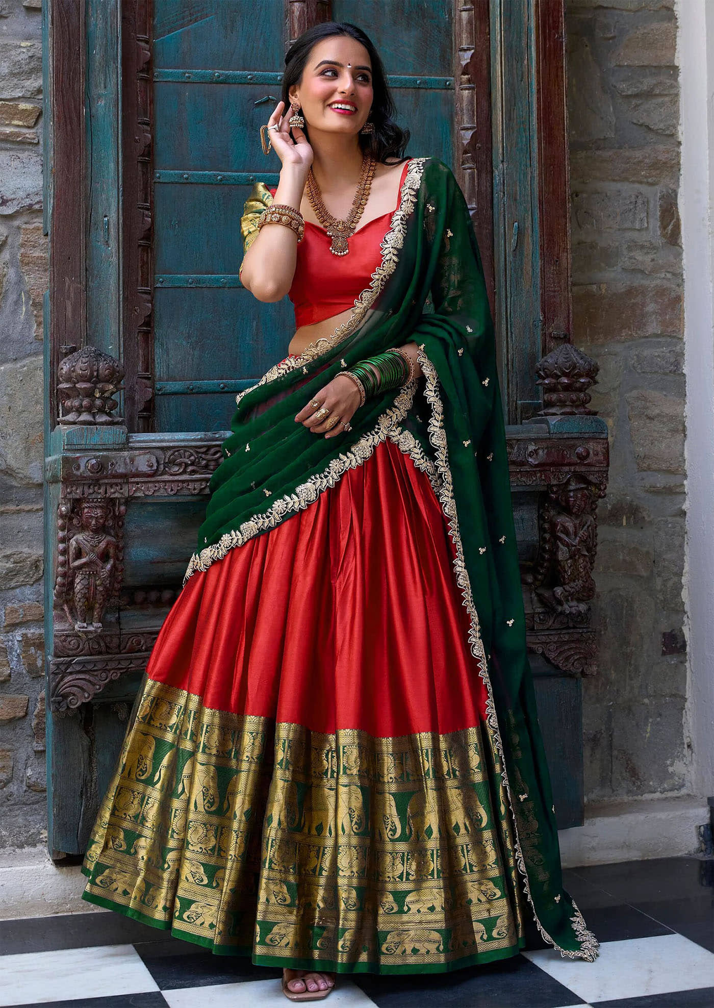 kedar fab Red Kanchipuram Circular Semi Stitched Lehenga