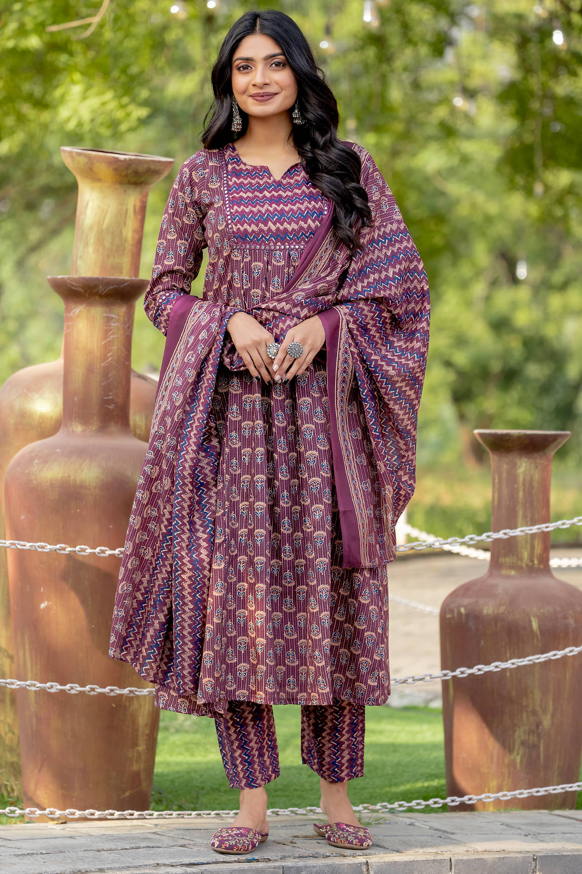 wonder weave Women Cotton Blend Printed Flared Kurti With Pants ( Wine ) wonder weave Women Cotton Blend Printed Flared Kurti With Pants ( Wine )