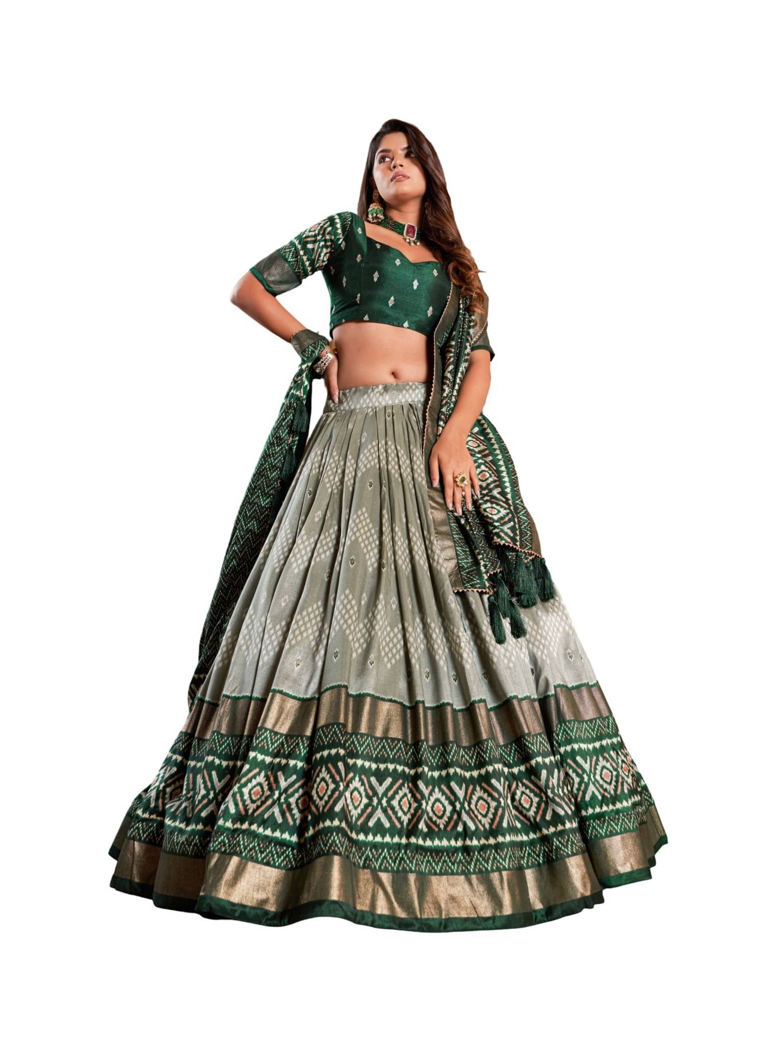 CYNOR Green Tussar Silk Chaniya Choli Semi Stitched Lehenga Single CYNOR Green Tussar Silk Chaniya Choli Semi Stitched Lehenga Single