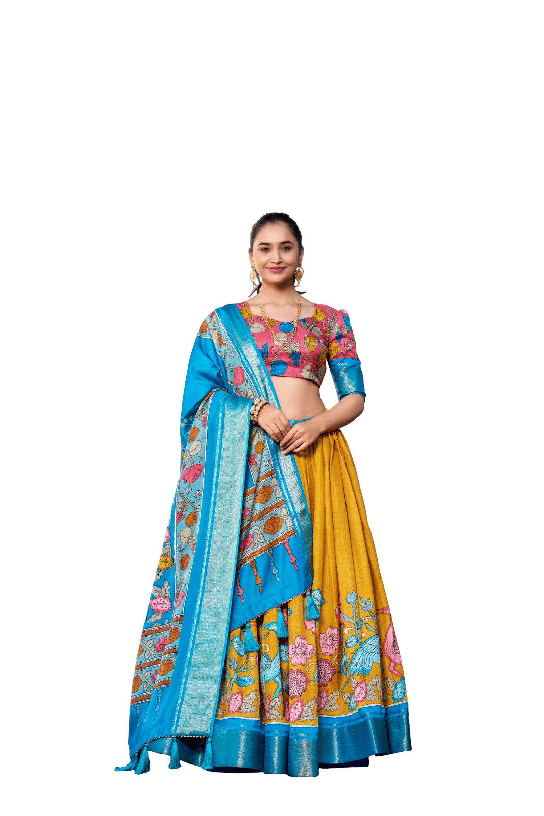     			CYNOR Yellow Tussar Silk Chaniya Choli Semi Stitched Lehenga