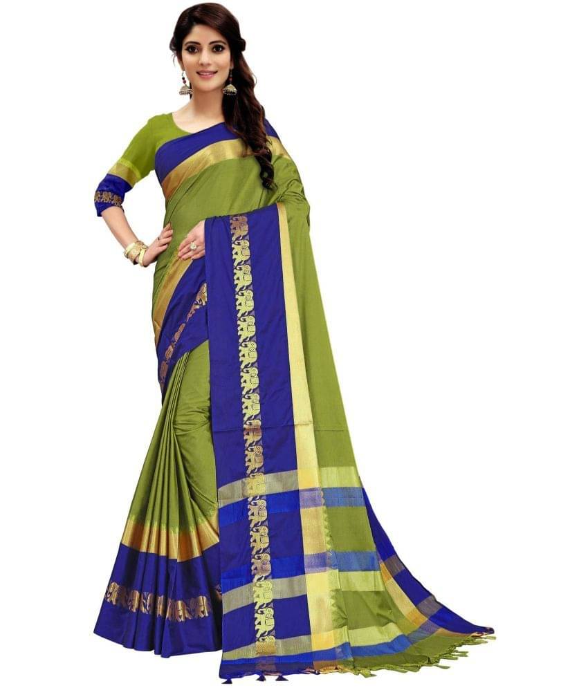     			Dnyanada Cotton Silk Embellished Saree With Unstitched Blouse Piece ( Olive )