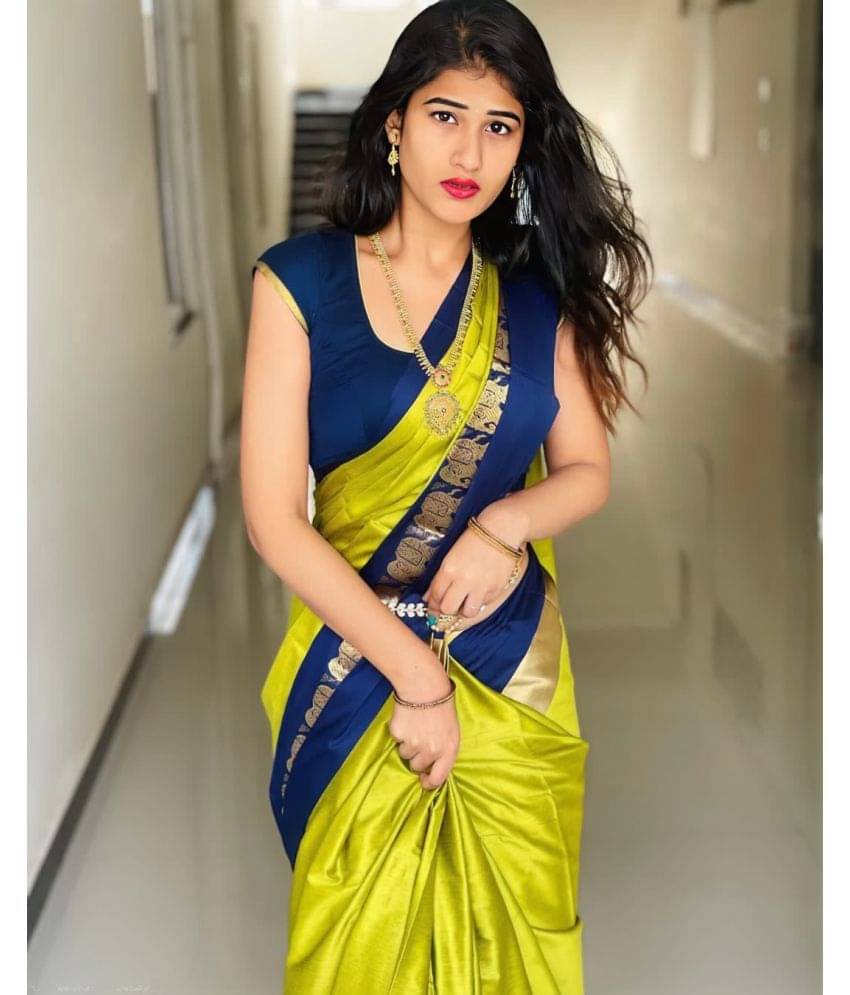     			Dnyanada Cotton Silk Embellished Saree With Unstitched Blouse Piece ( Lime Green )