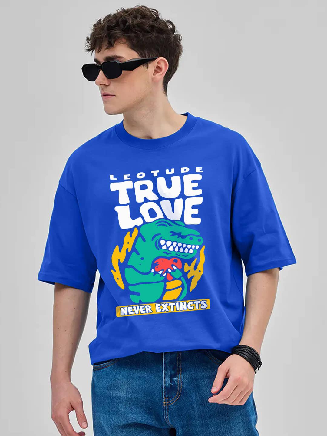 Leotude Men Cotton Blend Oversized Fit Printed T-Shirt ( Blue )