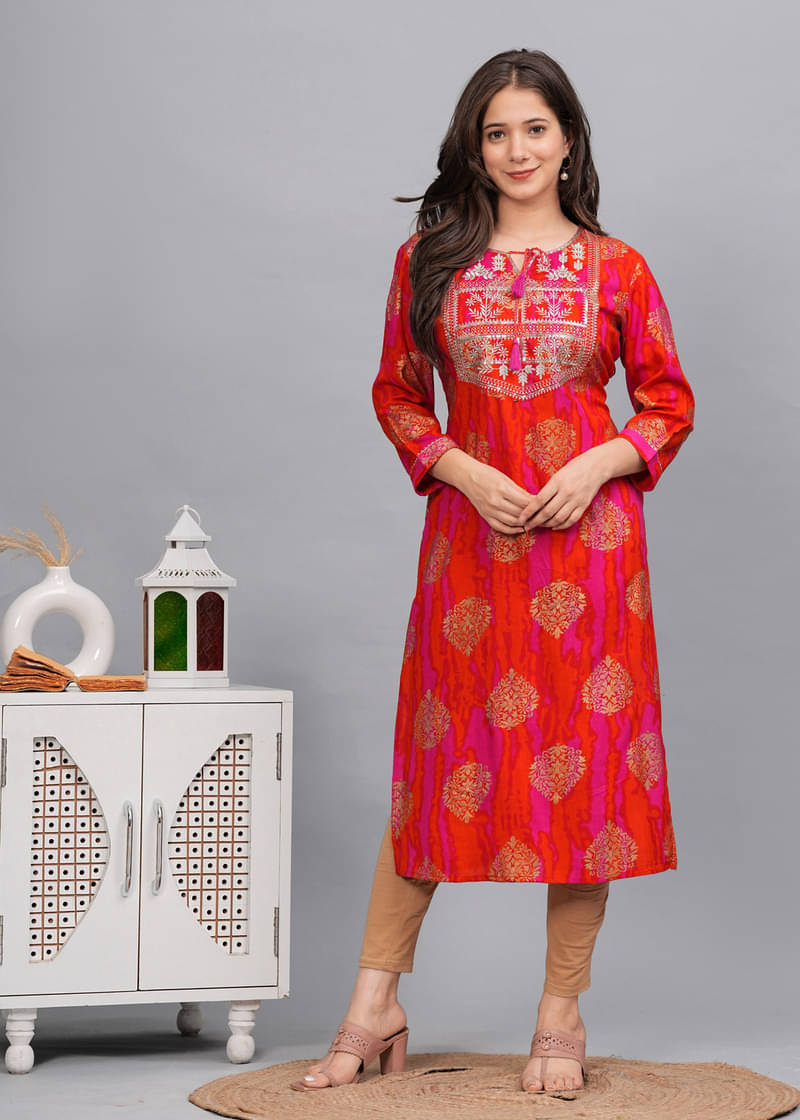 Udati Kaliya Women Rayon Embroidered Straight Kurti ( Orange ) Udati Kaliya Women Rayon Embroidered Straight Kurti ( Orange )