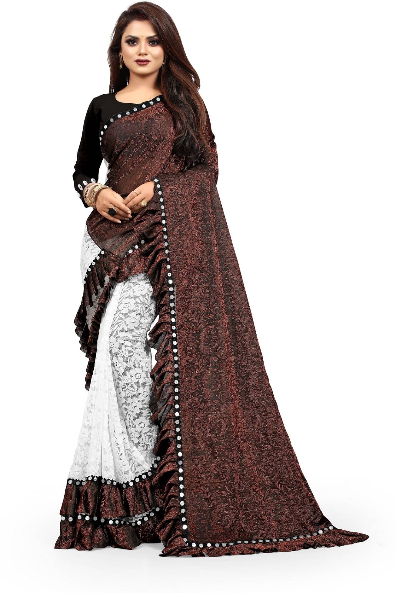 VISHODHA Lycra Embroidered Saree With Stitched Blouse ( Brown ) VISHODHA Lycra Embroidered Saree With Stitched Blouse ( Brown )