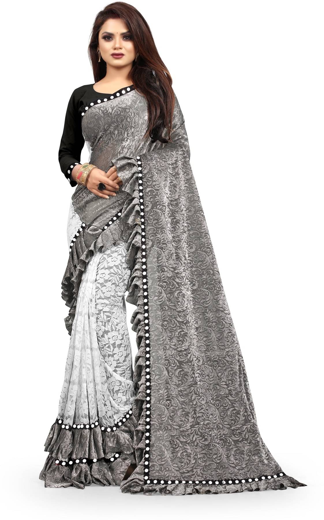 VISHODHA Lycra Embroidered Saree With Stitched Blouse ( Light Grey ) VISHODHA Lycra Embroidered Saree With Stitched Blouse ( Light Grey )