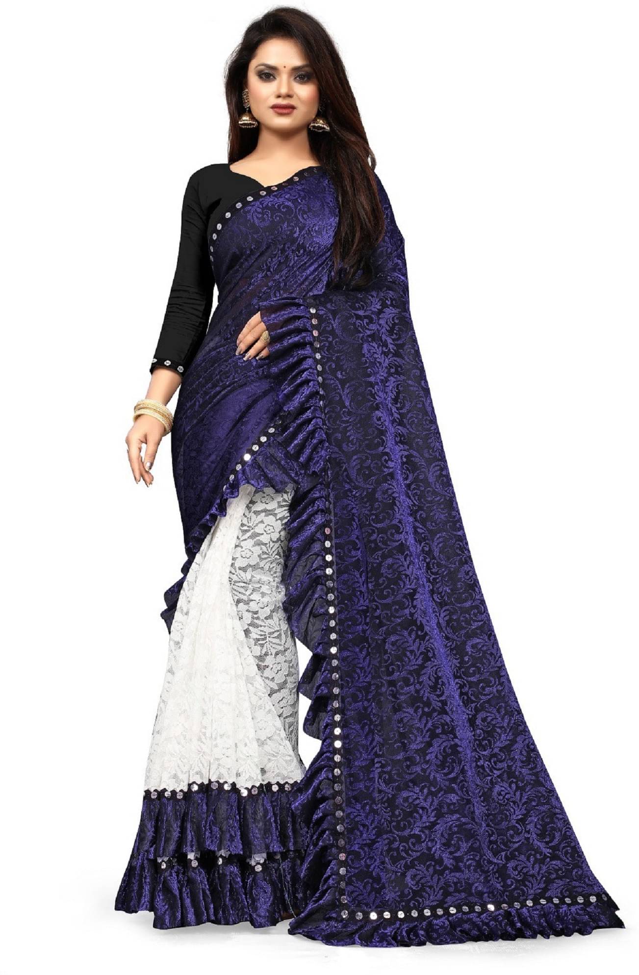 VISHODHA Lycra Embroidered Saree With Stitched Blouse ( Blue ) VISHODHA Lycra Embroidered Saree With Stitched Blouse ( Blue )