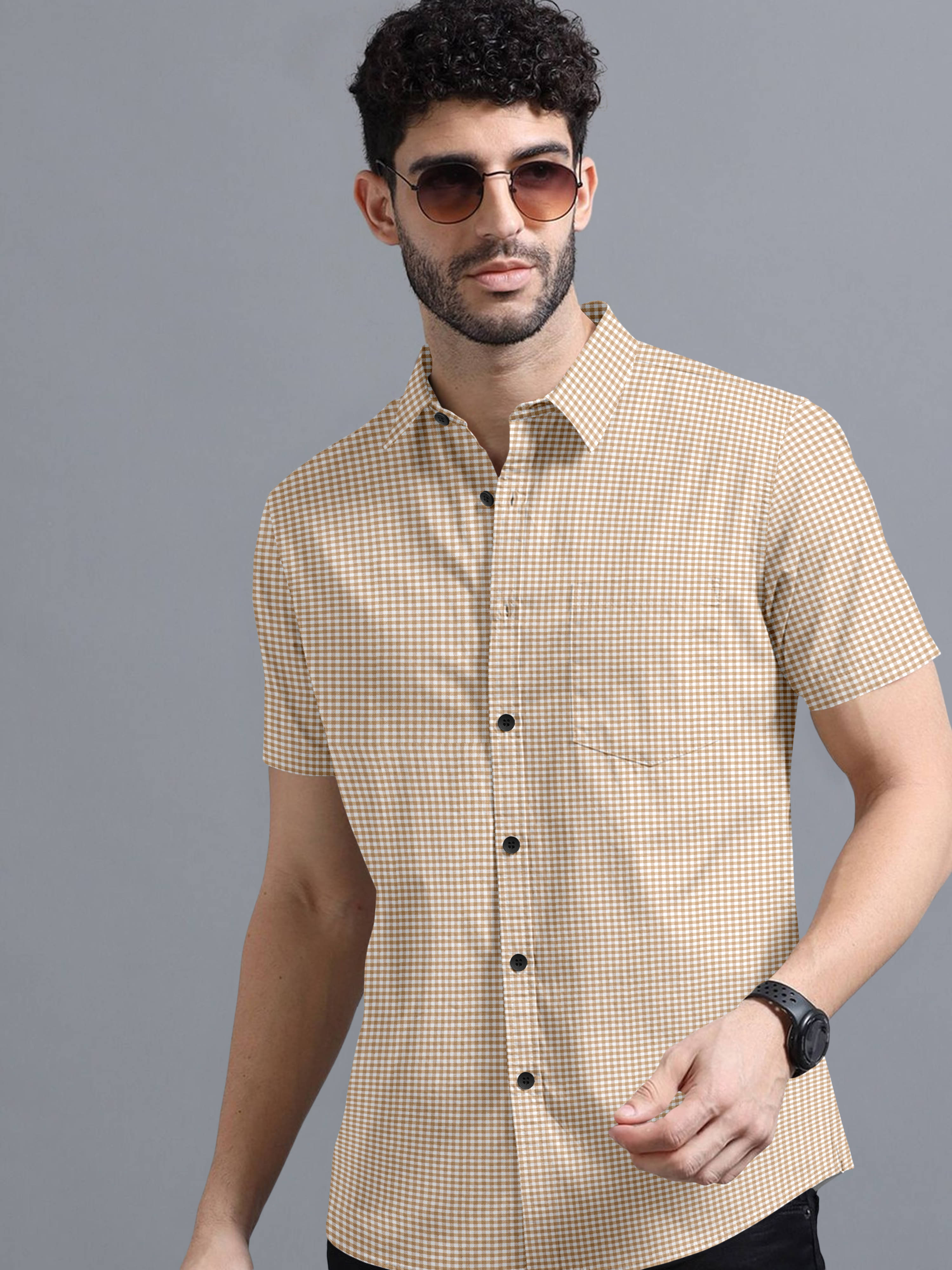     			VTEXX Cotton Blend Regular Fit Checks Half Sleeves Men's Casual Shirt - Beige ( Pack of 1 )