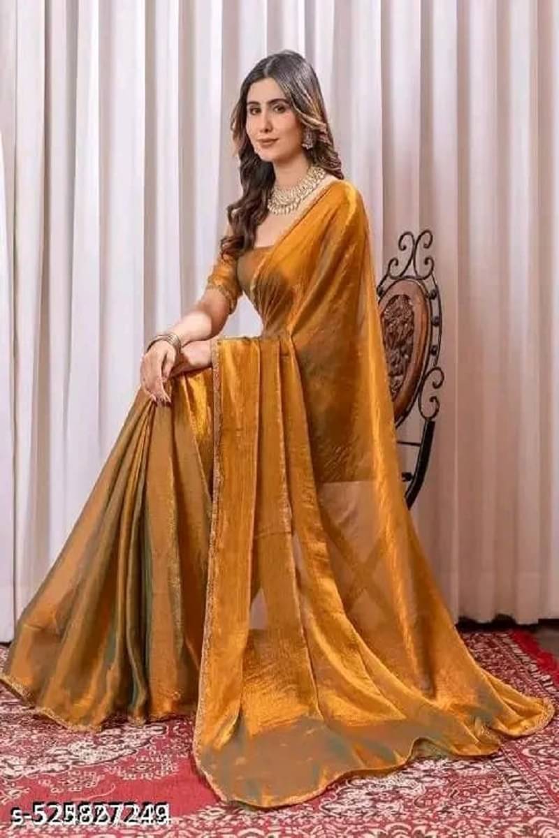 supalee Tex Chiffon Solid Saree With Unstitched Blouse Piece ( Gold ) supalee Tex Chiffon Solid Saree With Unstitched Blouse Piece ( Gold )