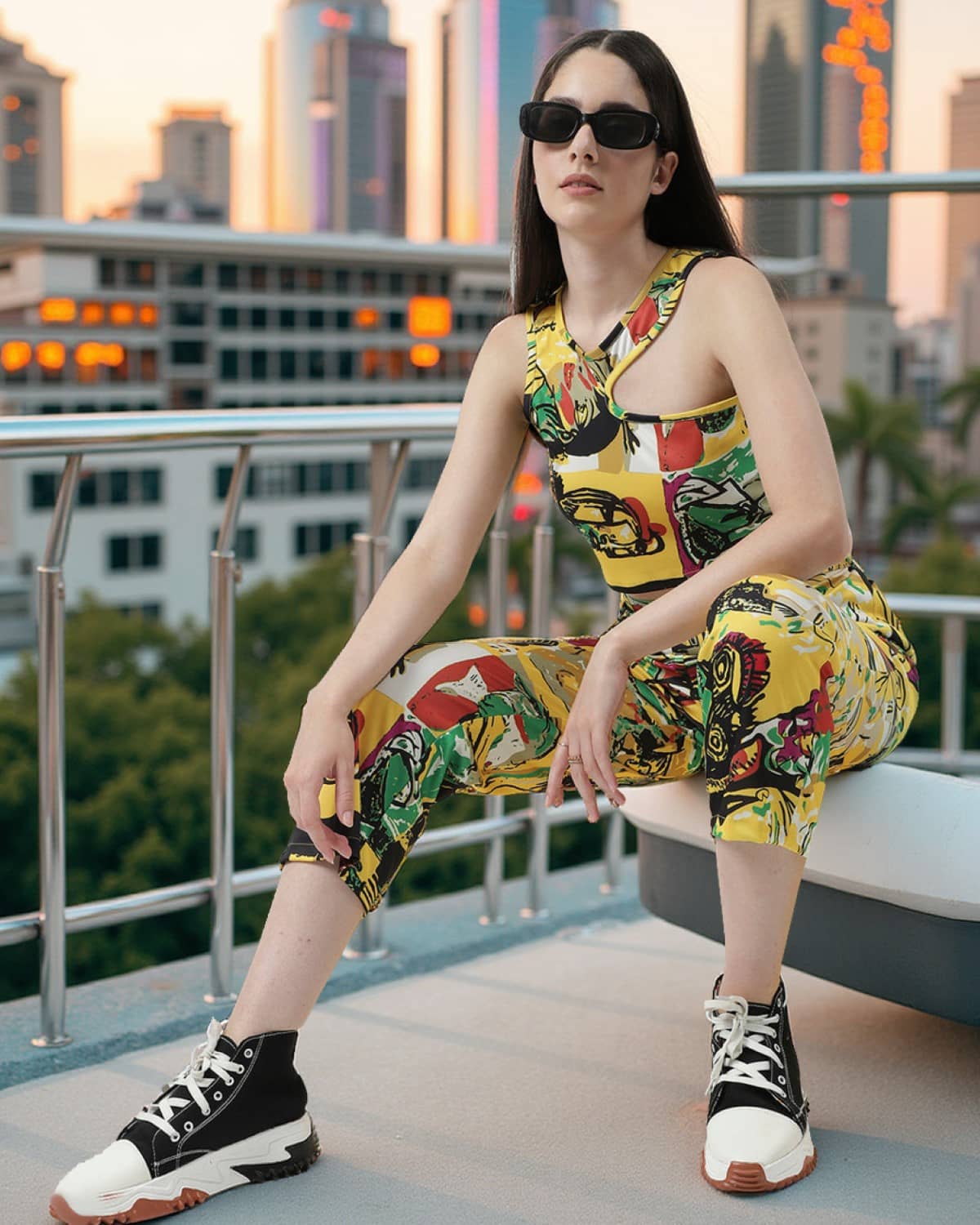 Zima Leto Women Printed Top With Trousers Co-Ord Set ( Yellow )
