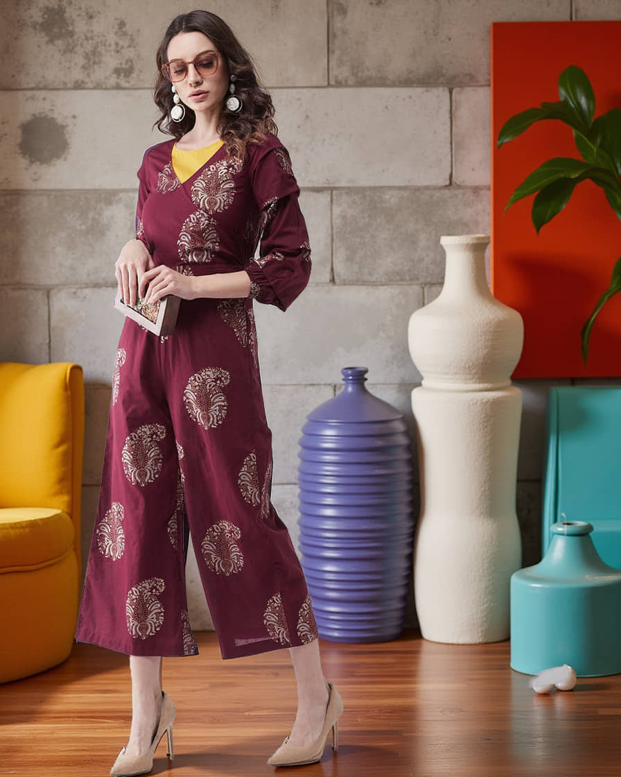 Pannkh Maroon Cotton Jumpsuit - Single