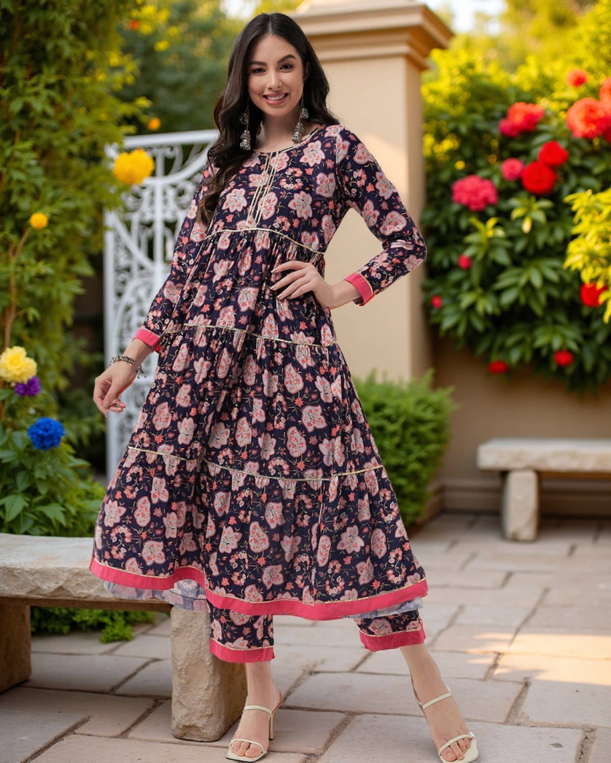 Pannkh - Navy Blue Polyester Women's Tiered Flared Kurti ( Pack of 1 ) - Kurtis, Tunics | Buy online on ZillyBuy