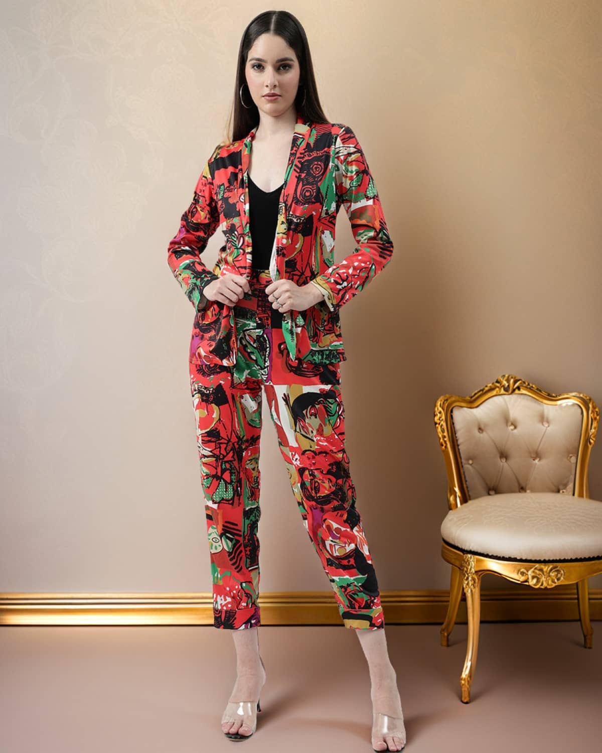 Zima Leto Women Printed Coat With Trousers Co-Ord Set ( Red )