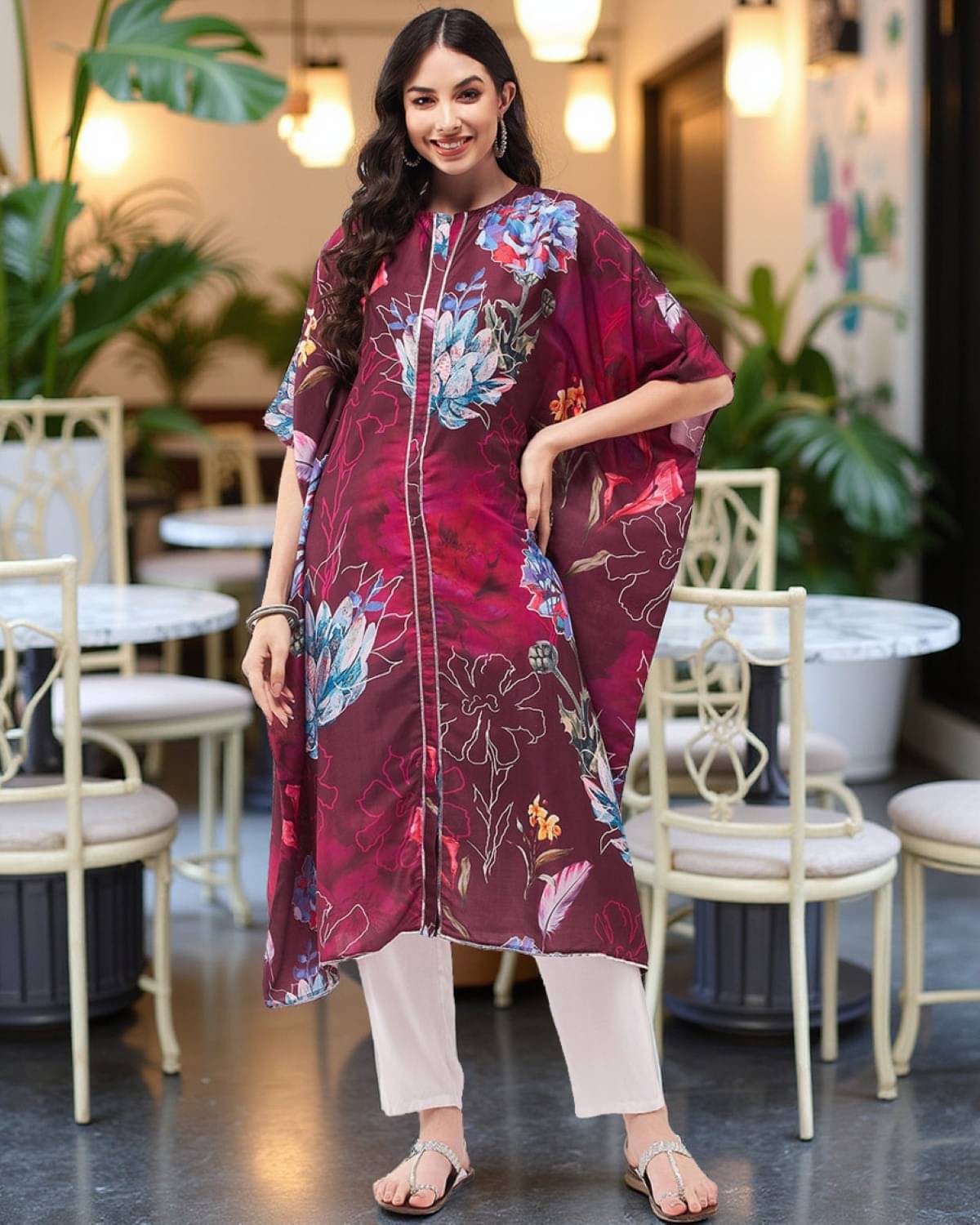 Pannkh - Wine Polyester Women's Kaftan Kurti ( Pack of 1 ) Pannkh - Wine Polyester Women's Kaftan Kurti ( Pack of 1 )