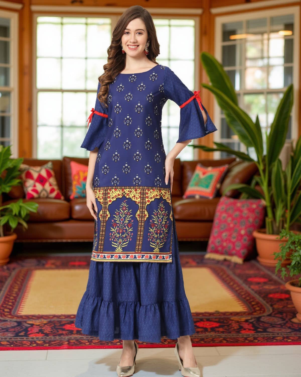 Pannkh Women Printed Kurta Trouser Co-Ord Set ( Navy )