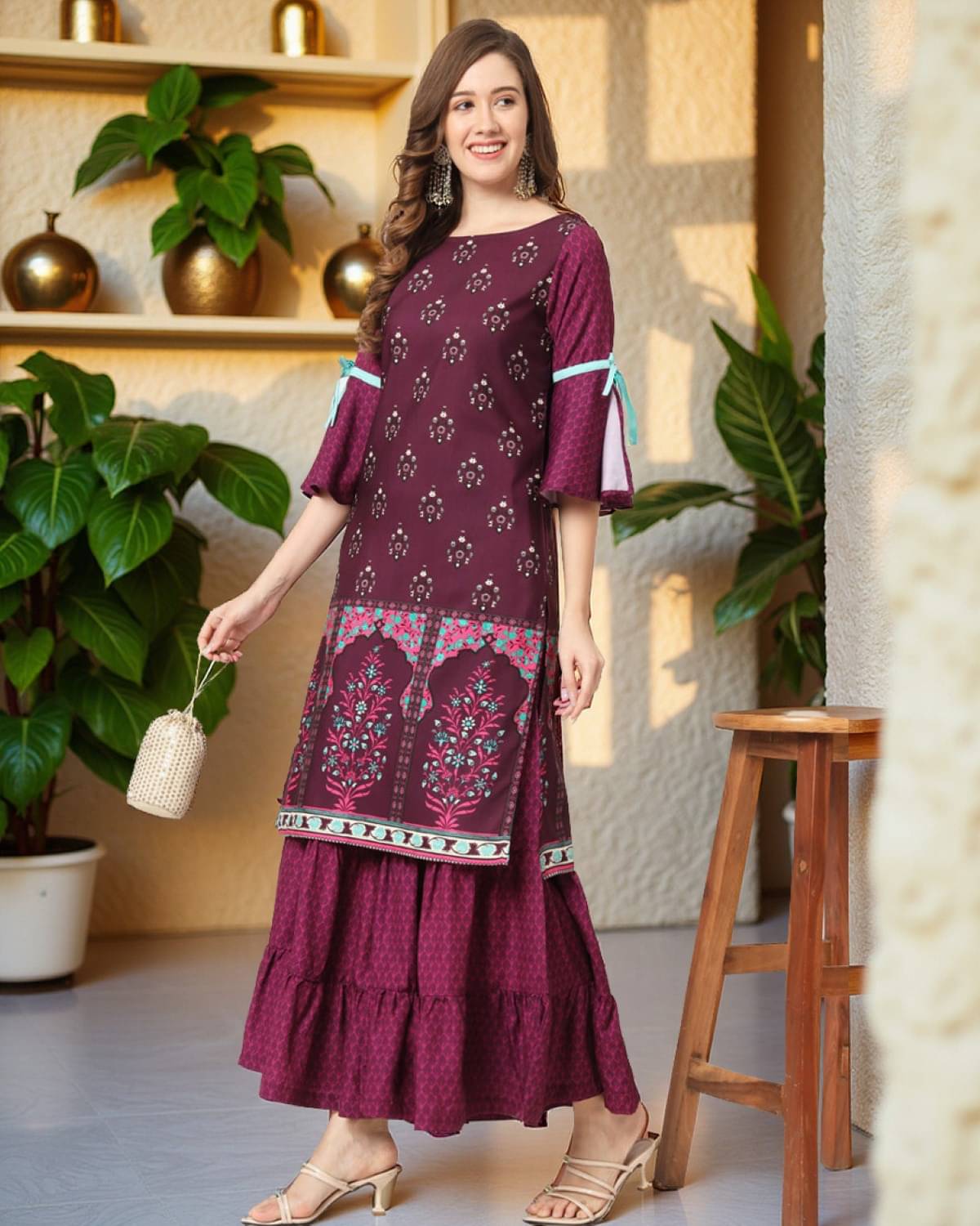    			Pannkh Women Printed Kurta Trouser Co-Ord Set ( Magenta )