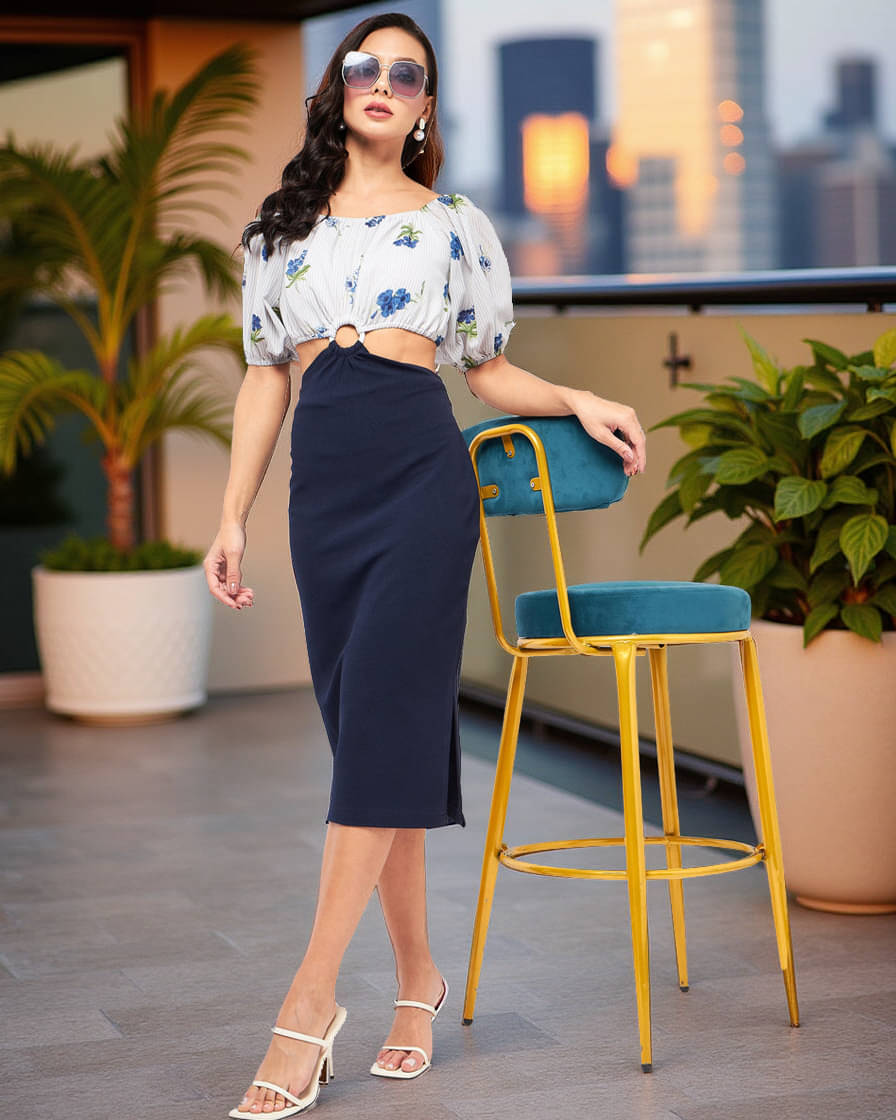 Zima Leto Women Polyester Printed Side Slit Dress ( Navy Blue ) Zima Leto Women Polyester Printed Side Slit Dress ( Navy Blue )