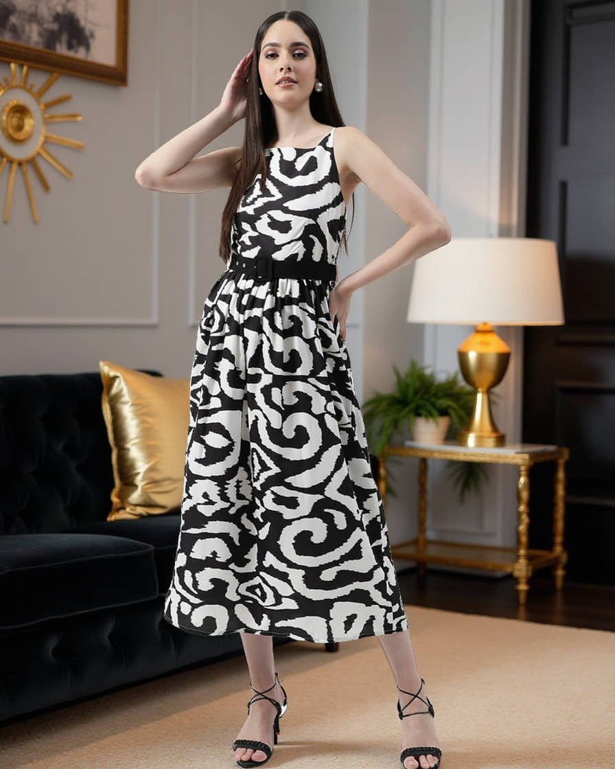 Zima Leto Women Polyester Printed A-line Dress ( Black )