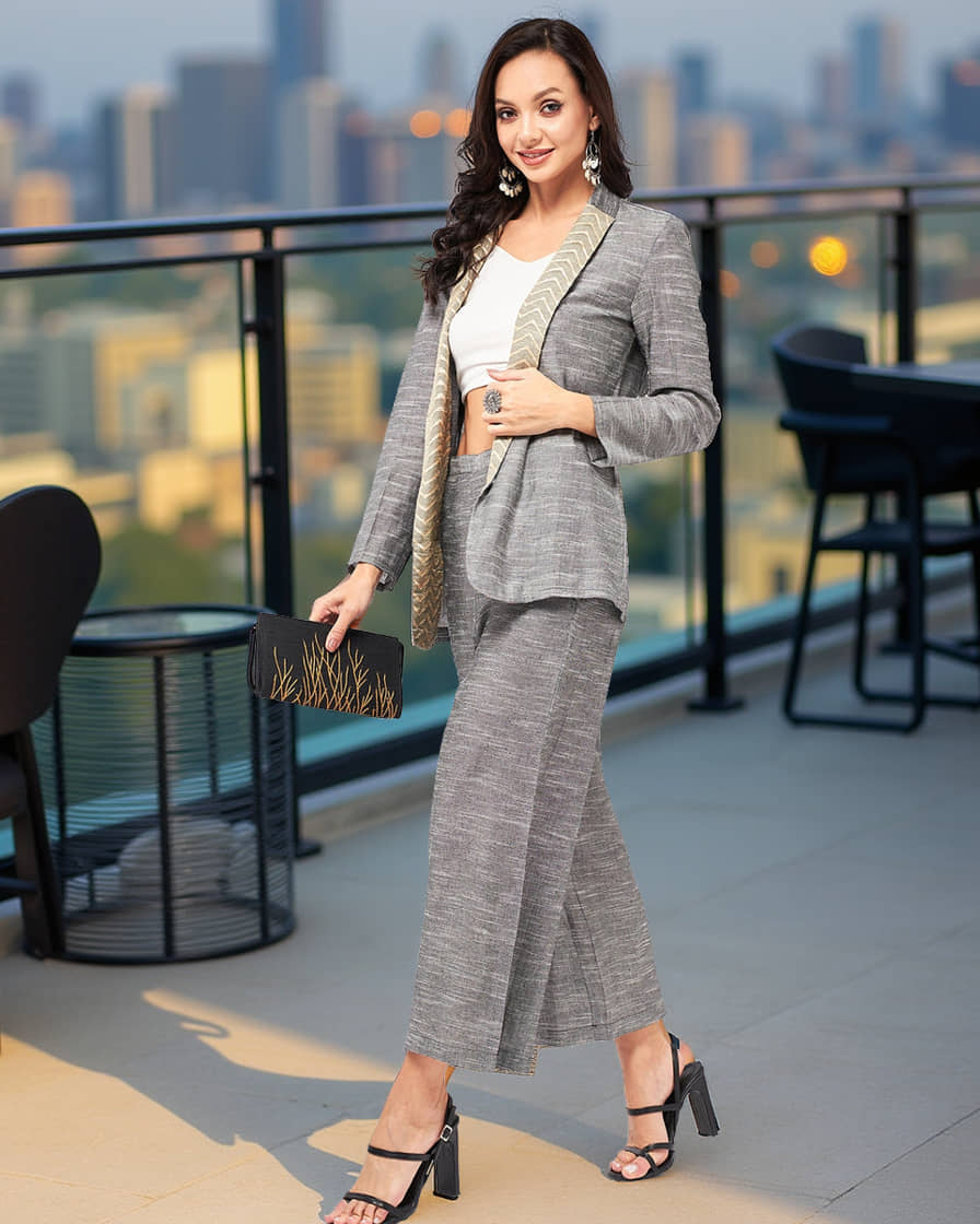 Tokyo Talkies Women Solid Coat With Shorts Co-Ord Set Blue