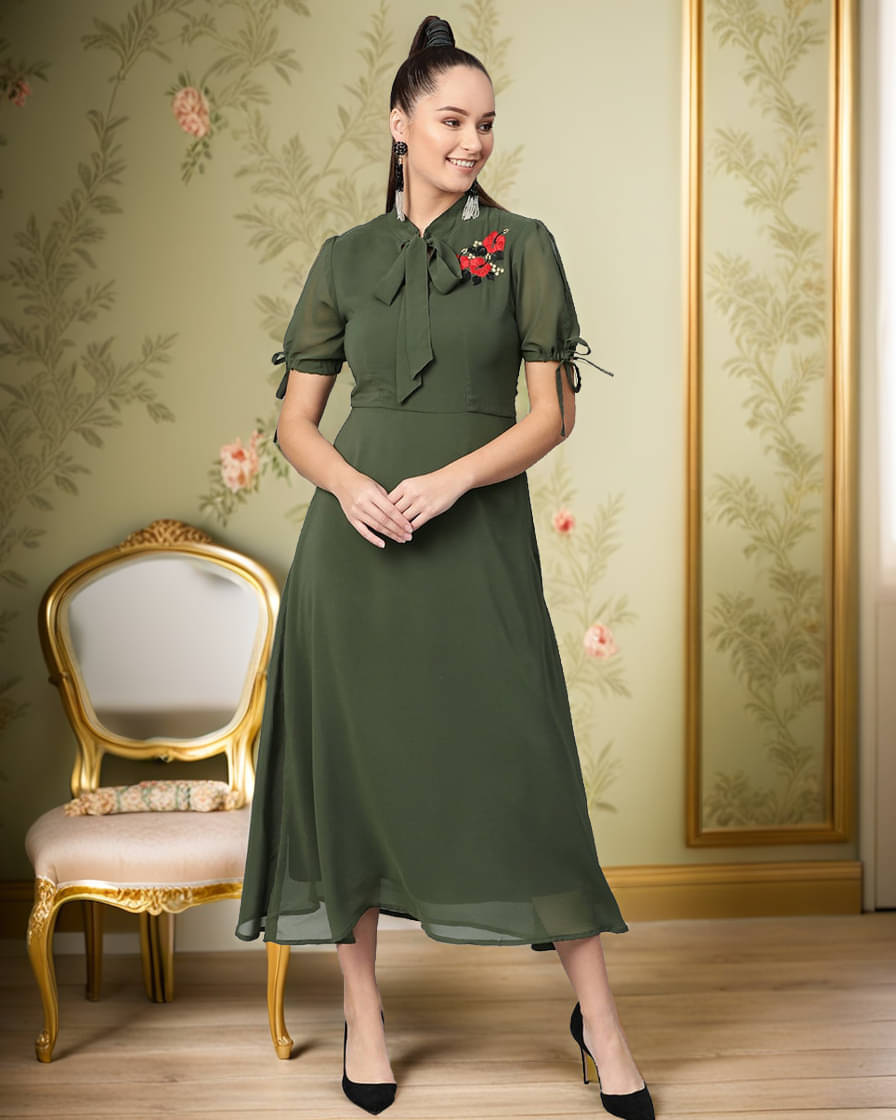 Zima Leto Women Polyester Solid Fit & Flare Dress ( Green ) Zima Leto Women Polyester Solid Fit & Flare Dress ( Green )