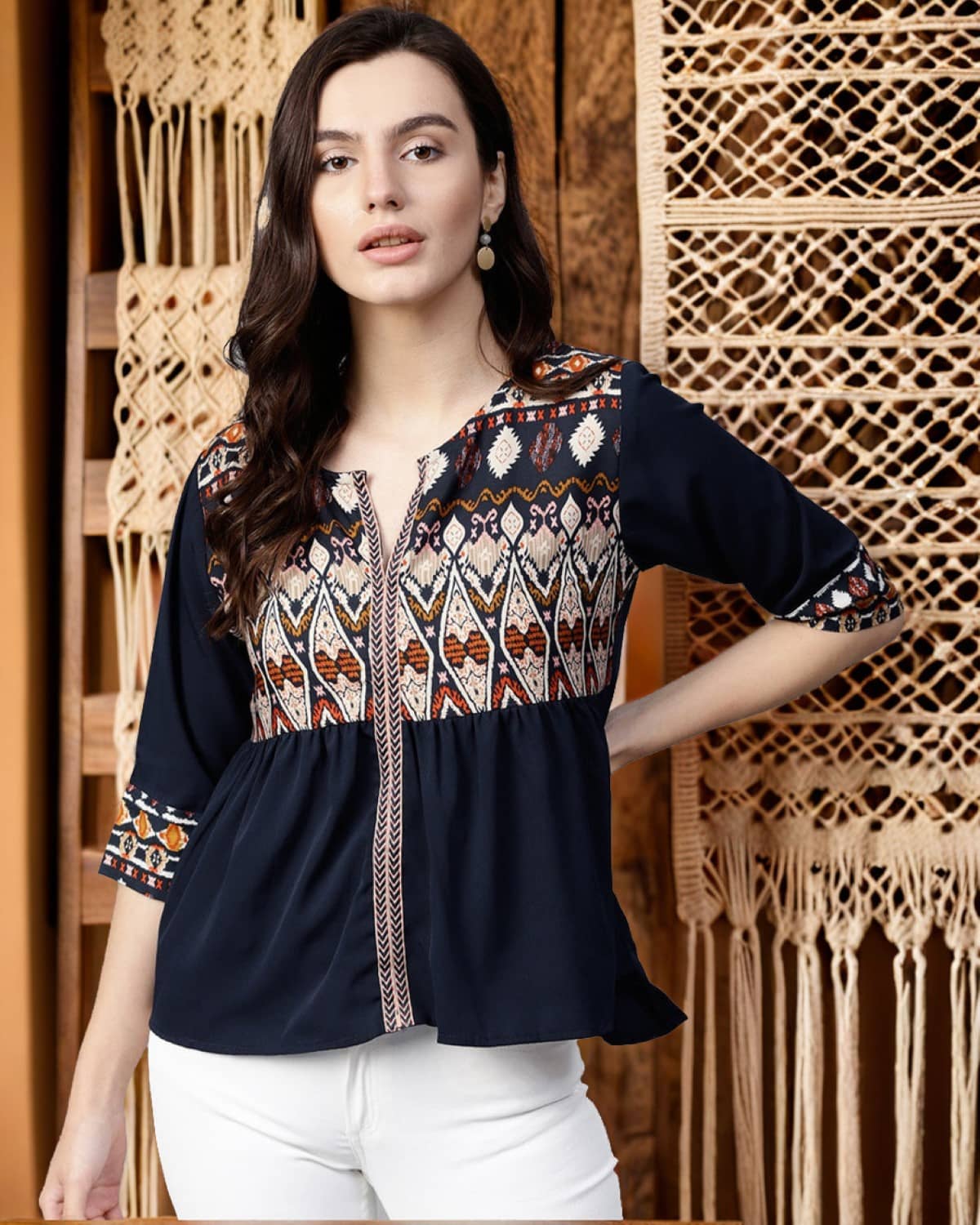 Pannkh Women's Crepe Regular Top ( Navy )