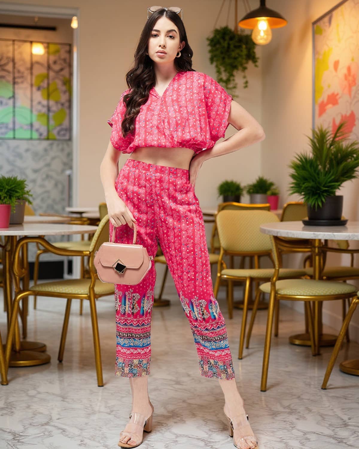 Pannkh Women Printed Top With Trousers Co-Ord Set ( Pink )