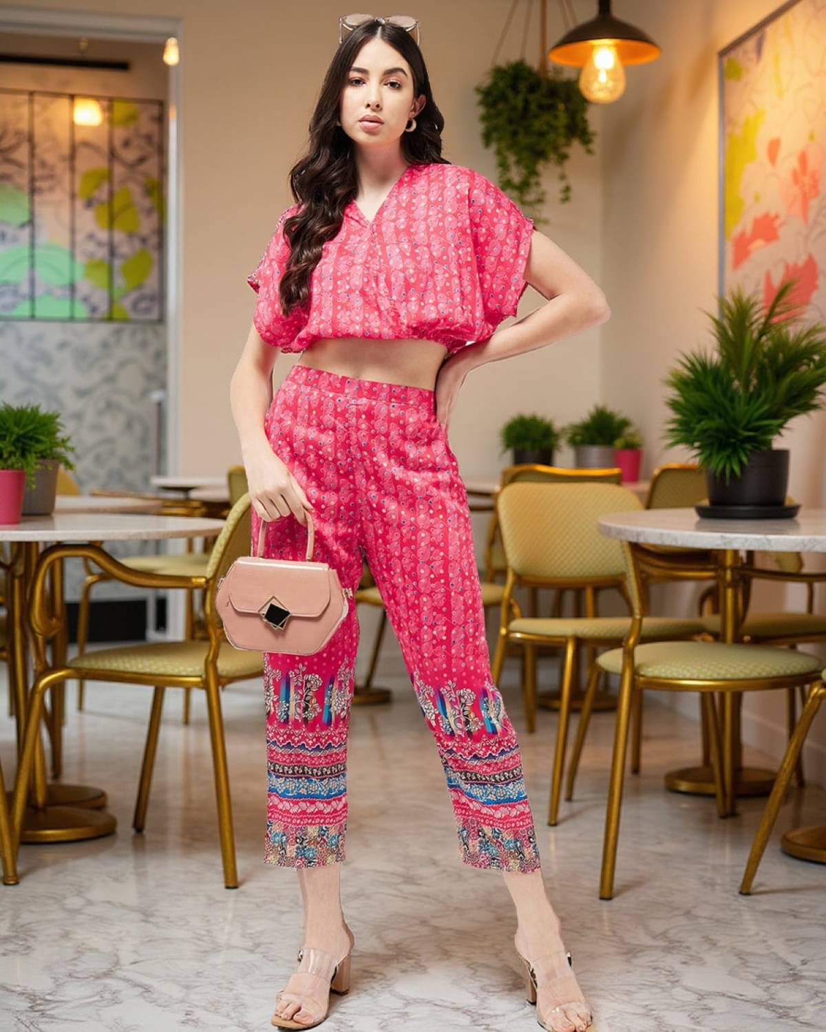     			Pannkh Women Printed Top With Trousers Co-Ord Set ( Pink )