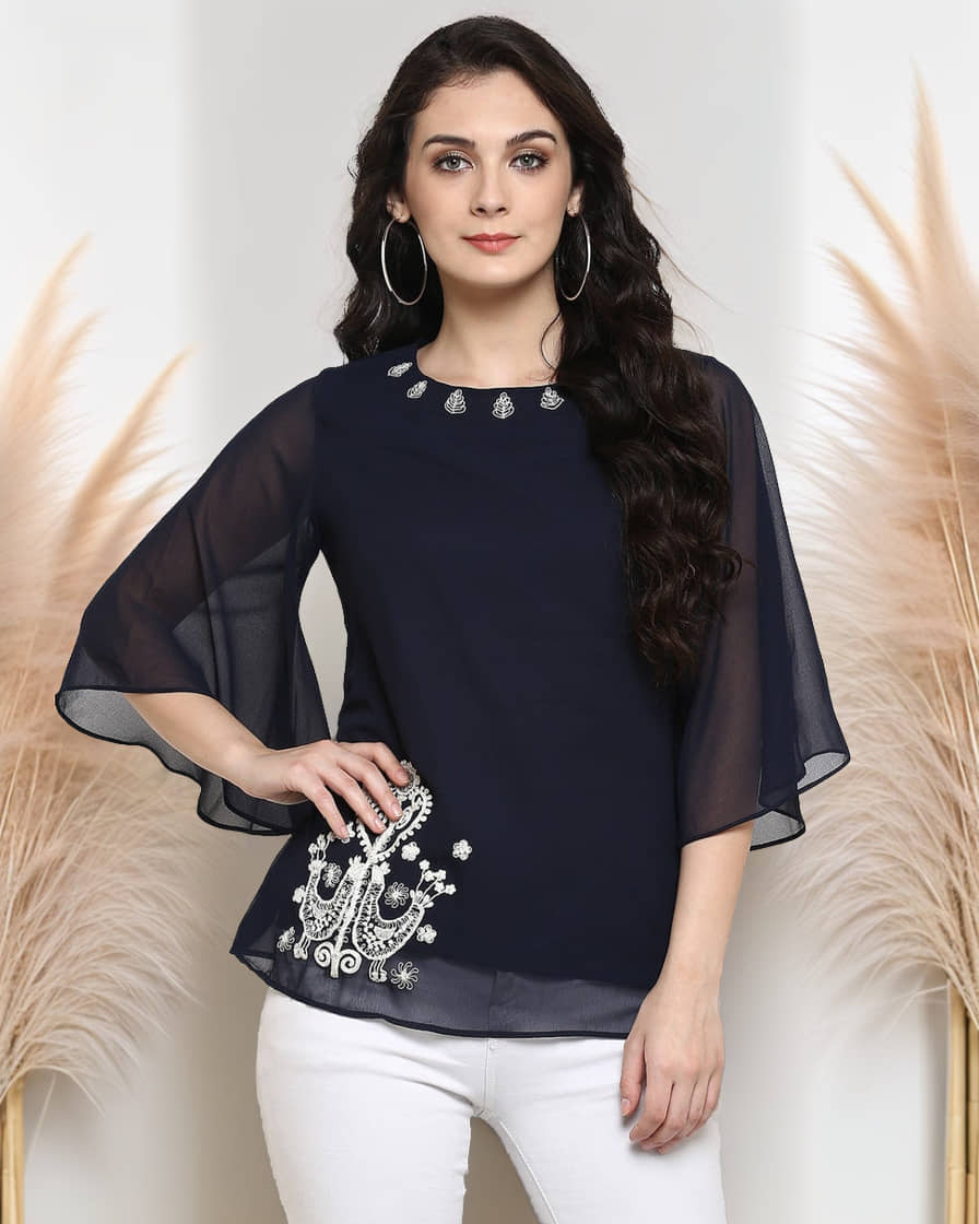 Pannkh Women's Polyester Regular Top ( Navy )