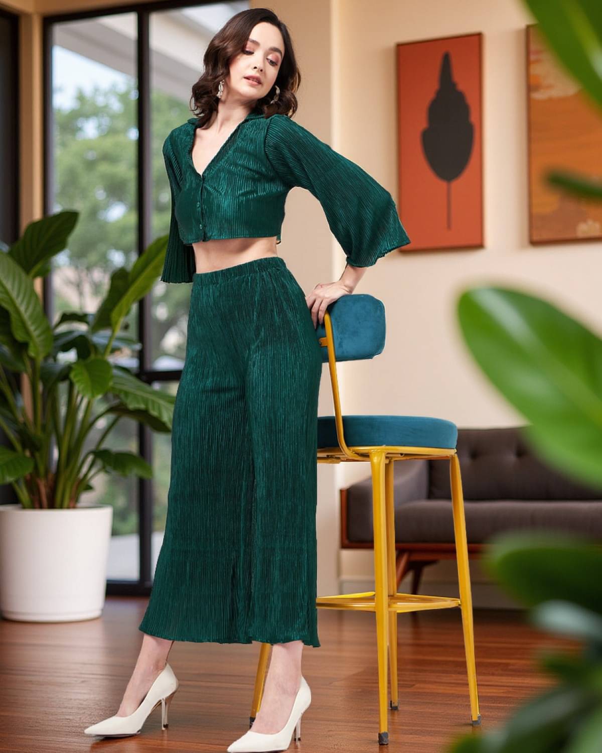     			Zima Leto Women Solid Top With Trousers Co-Ord Set ( Green )