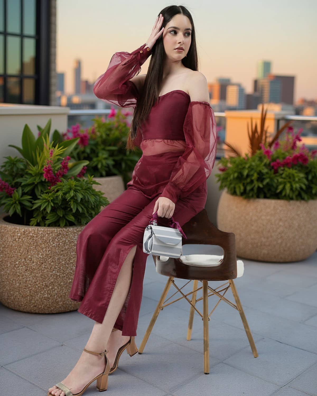 Zima Leto Women Solid Top With Trousers Co-Ord Set ( Maroon )