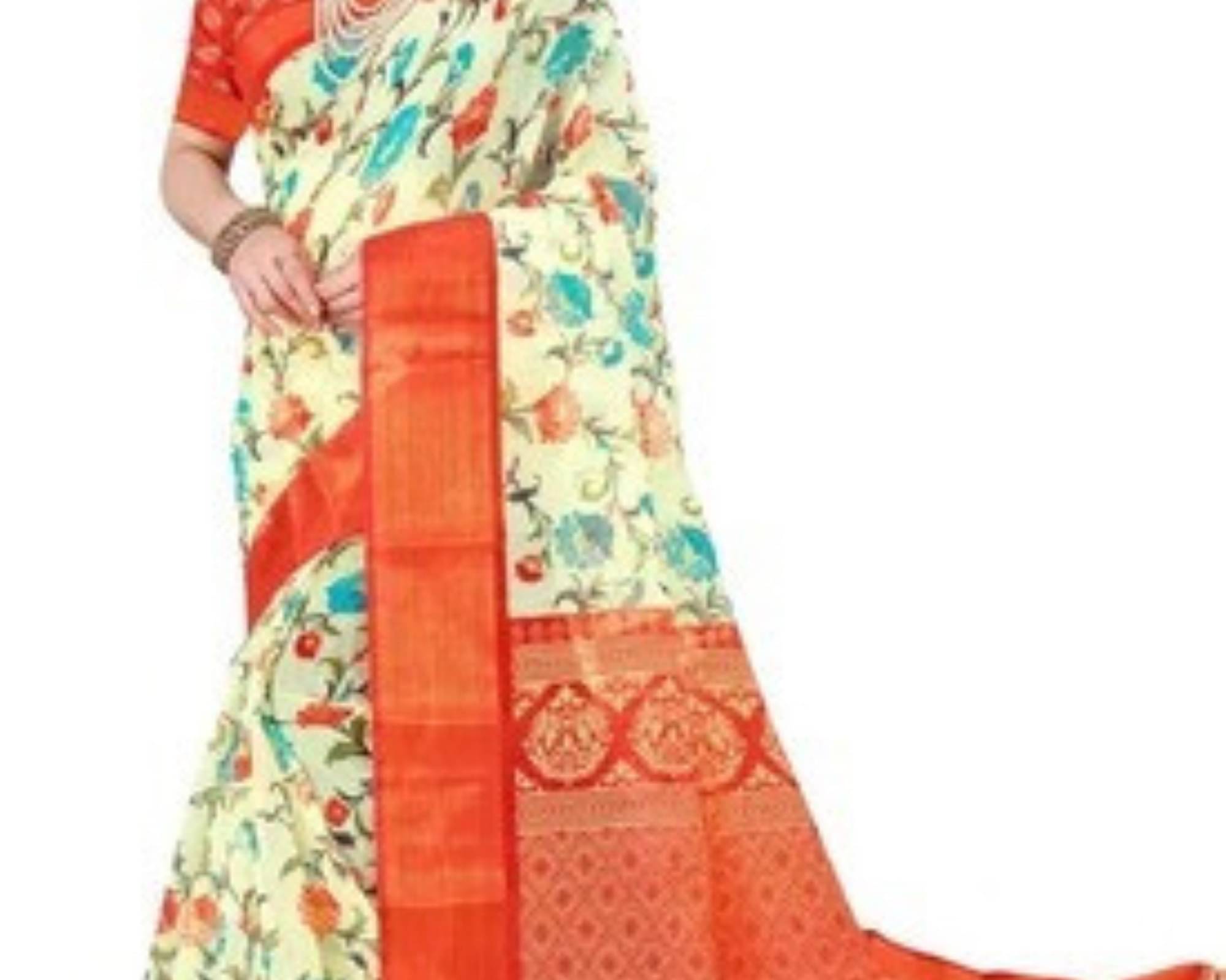 Ambe Creation Cotton Blend Printed Saree With Unstitched Blouse Piece ( Orange ) Ambe Creation Cotton Blend Printed Saree With Unstitched Blouse Piece ( Orange )