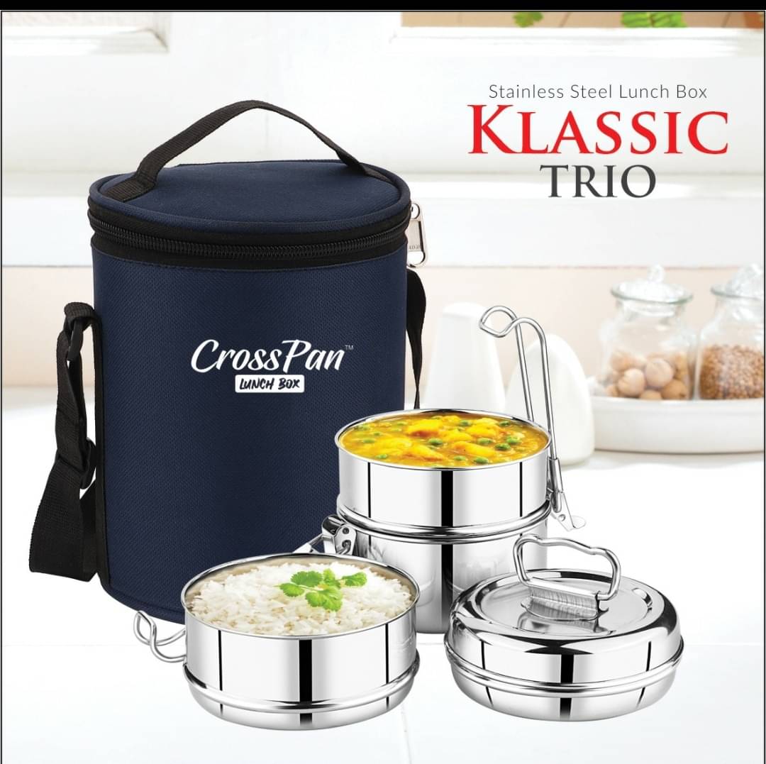 CrossPan Klassic Trio Tiffin Box Stainless Steel Lunch Box 4 - Container ( Pack of 1 ) CrossPan Klassic Trio Tiffin Box Stainless Steel Lunch Box 4 - Container ( Pack of 1 )