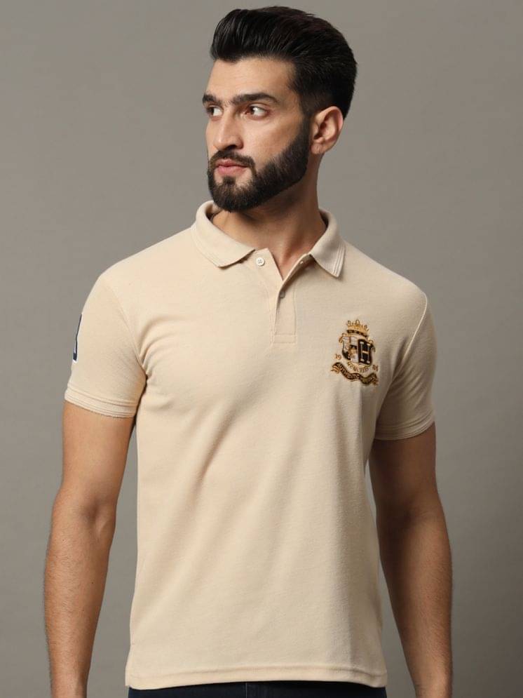 Hushbucks Men Cotton Blend Regular Fit Embroidered Polo T Shirt ( Beige ) Hushbucks Men Cotton Blend Regular Fit Embroidered Polo T Shirt ( Beige )