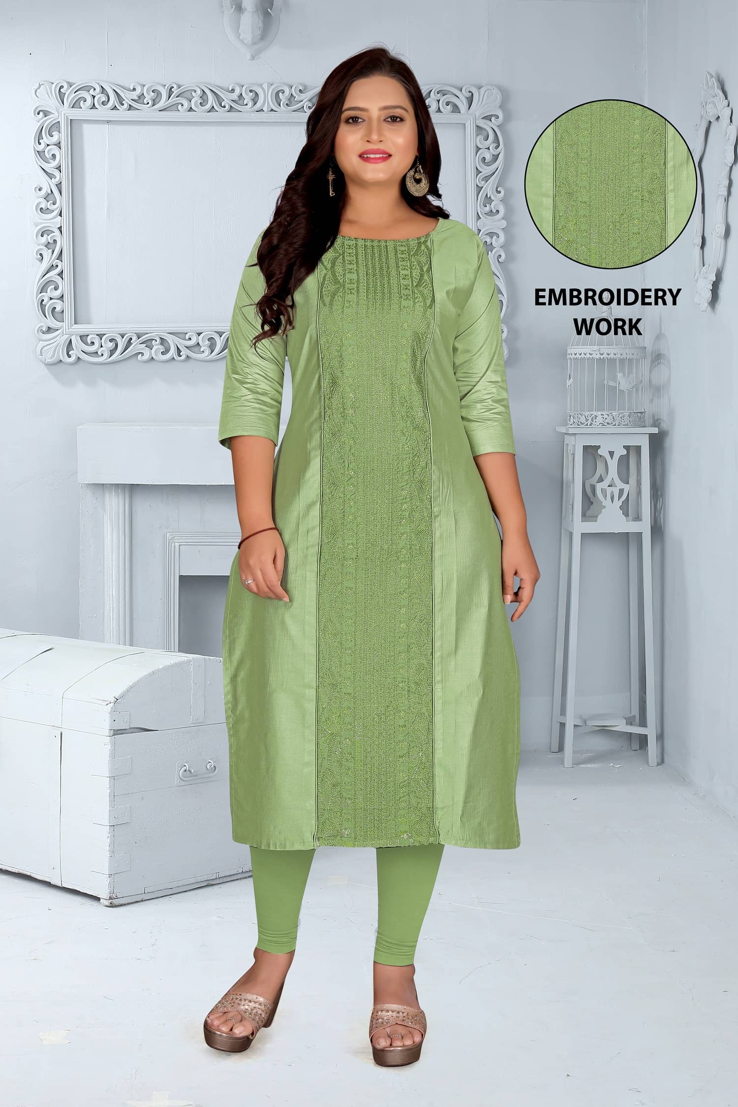 RIAANA Women Chanderi Self Design Straight Kurti ( Green ) - Kurtis, Tunics | Buy online on ZillyBuy