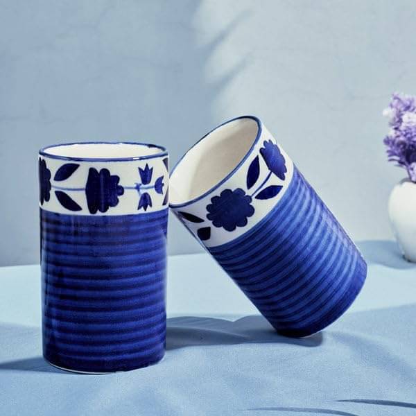     			Rare Planet Flower Design Ceramic Glasses 200 ml ( Pack of 2 ) Blue