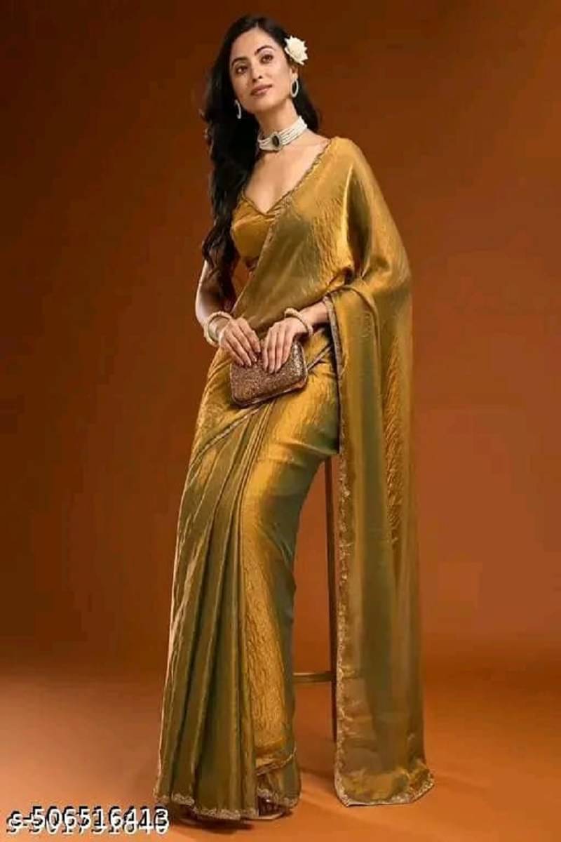 supalee Tex Chiffon Solid Saree With Unstitched Blouse Piece ( Gold ) supalee Tex Chiffon Solid Saree With Unstitched Blouse Piece ( Gold )