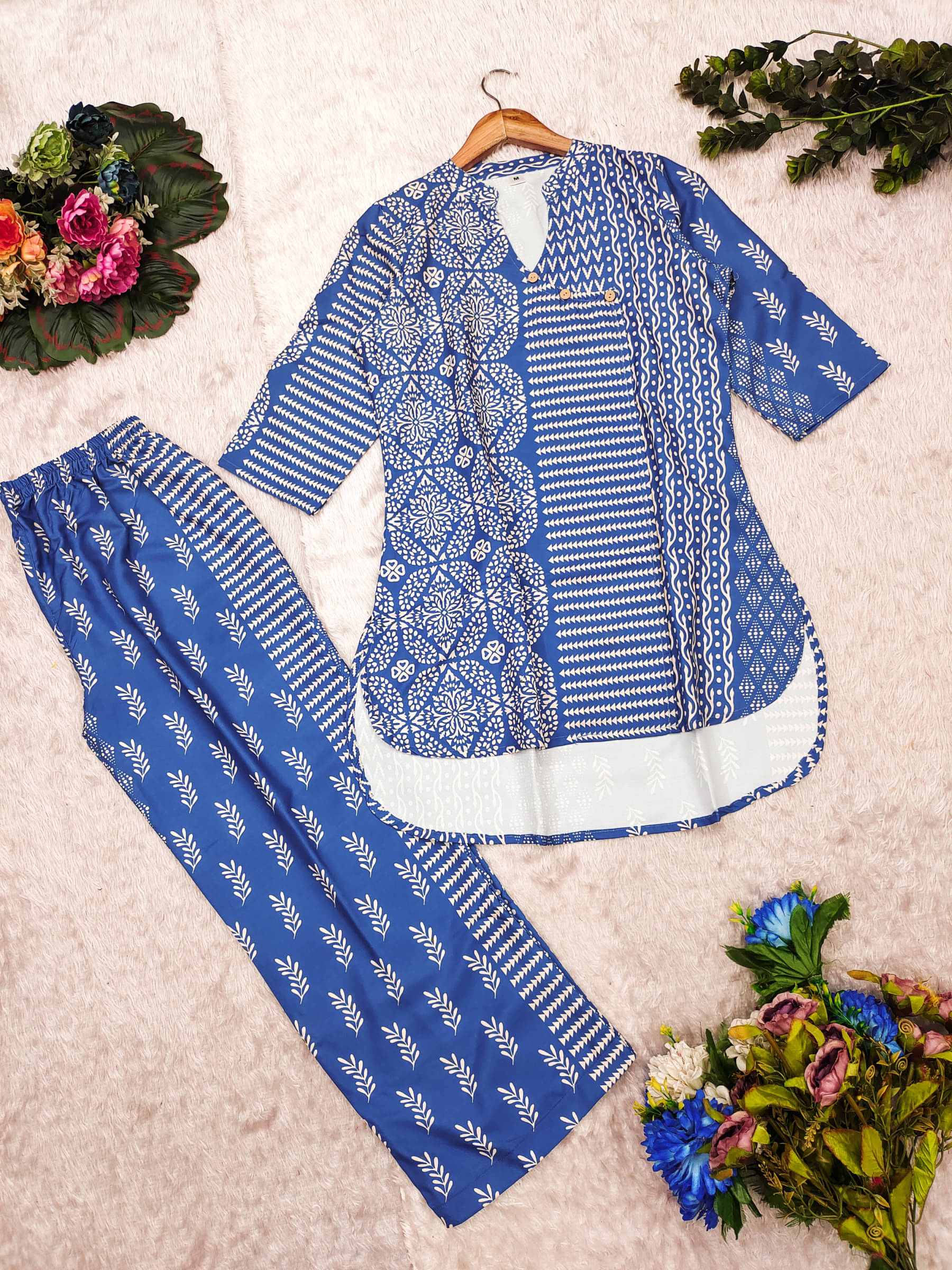     			vesta exports Women Printed Tunic With Trousers Co-Ord Set ( Blue )