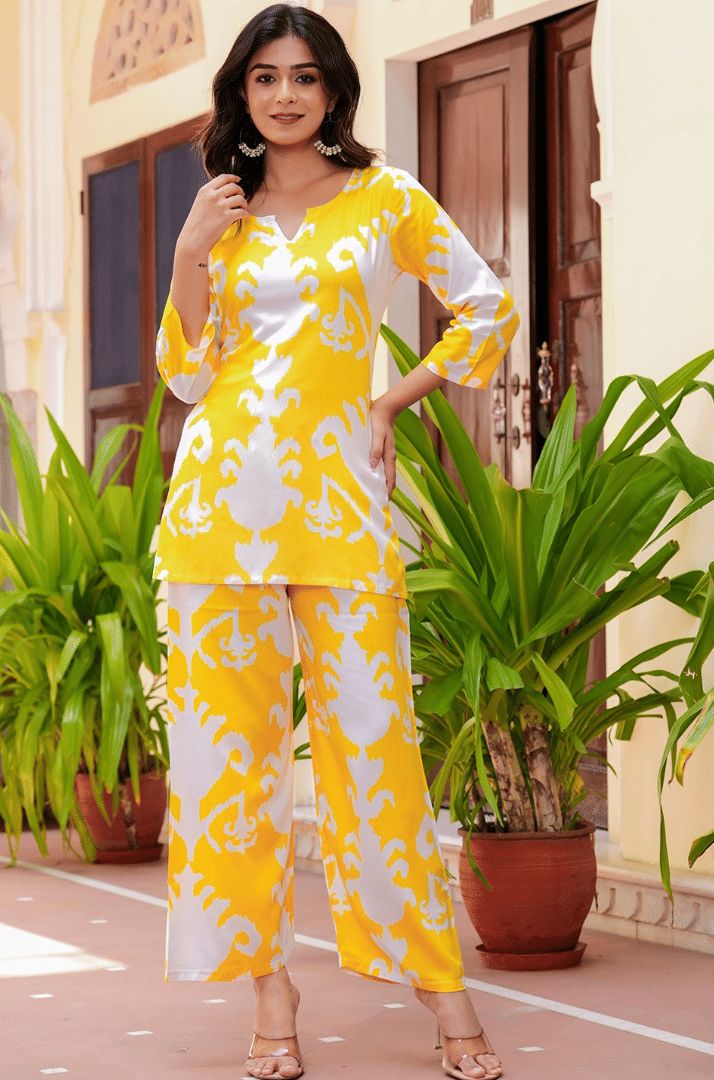 ANNEIV Women Cotton Printed Straight Kurti With Palazzo ( Yellow )