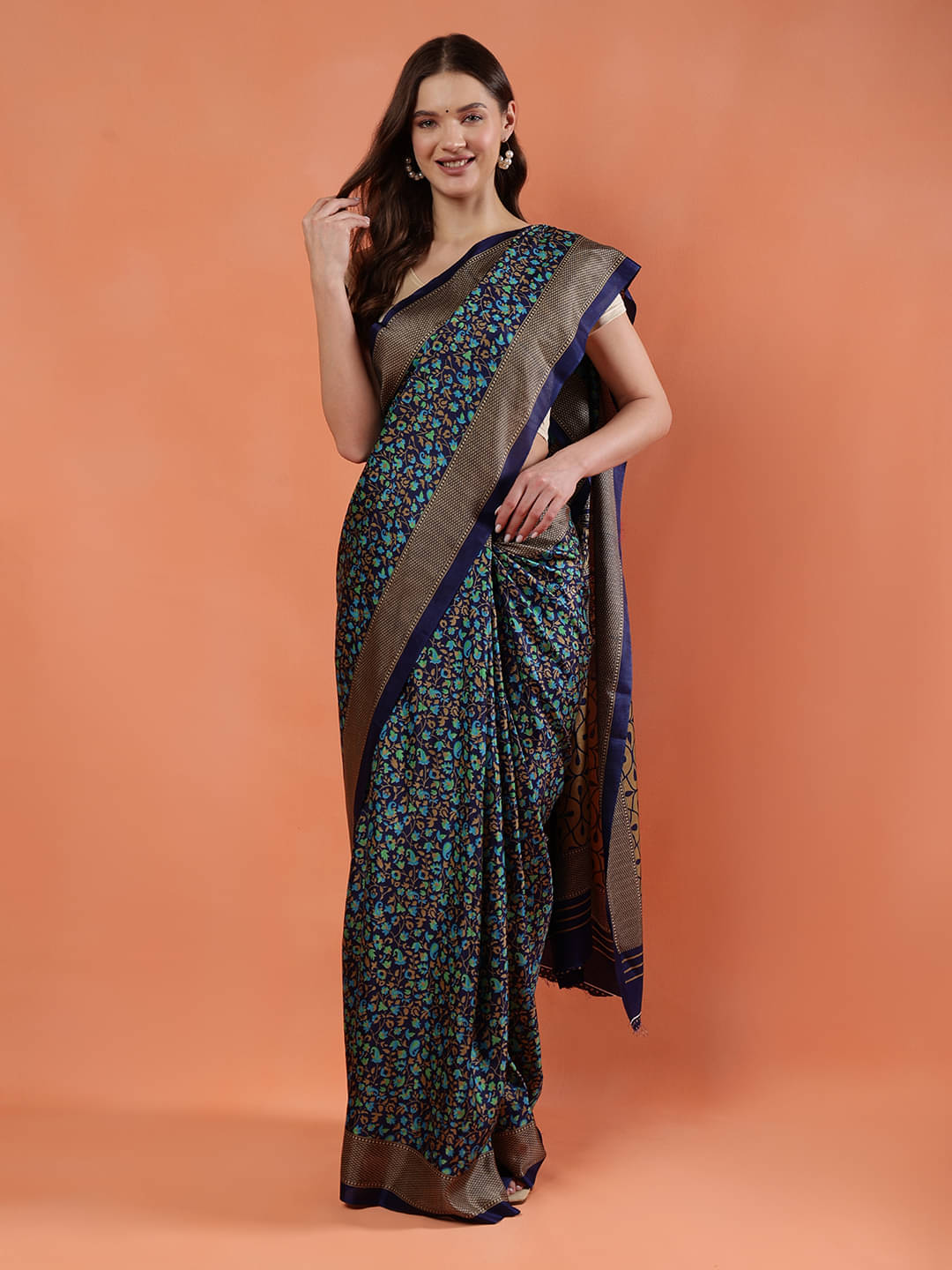     			Baloobi Silk Blend Printed Saree With Stitched Blouse ( Blue )