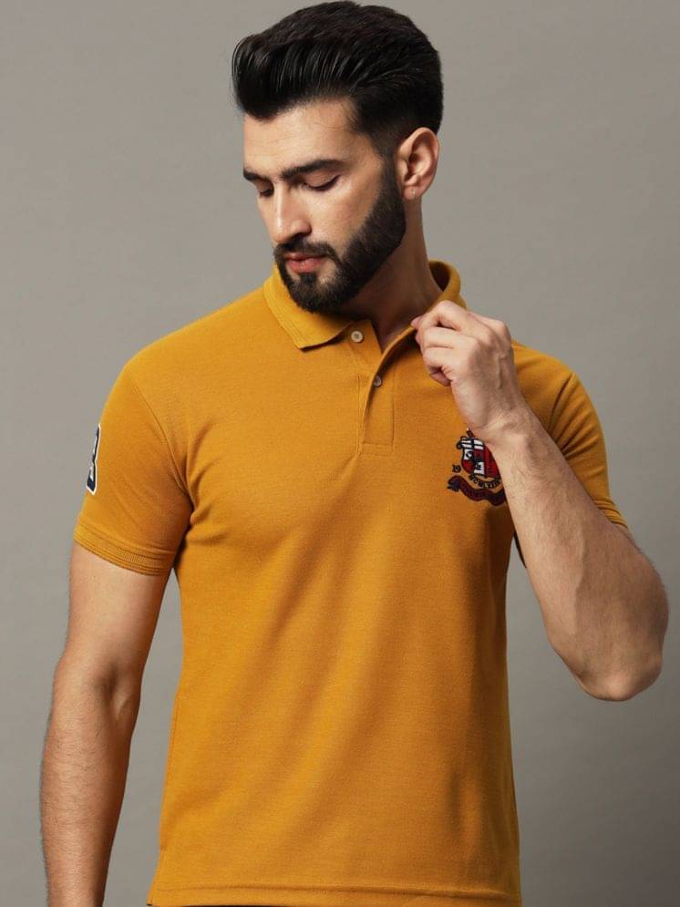Hushbucks Men Cotton Blend Regular Fit Embroidered Polo T Shirt ( Mustard ) Hushbucks Men Cotton Blend Regular Fit Embroidered Polo T Shirt ( Mustard )