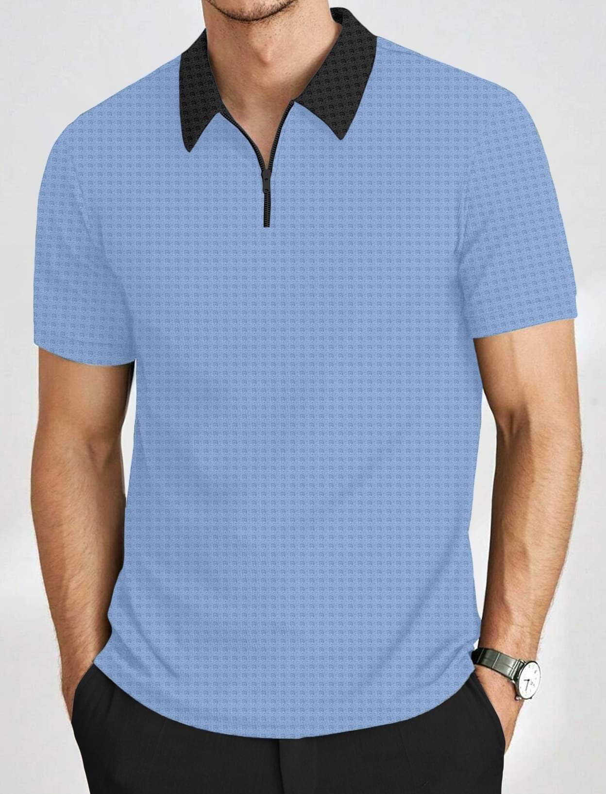 KAJARU Men Cotton Blend Regular Fit Self Design Polo T Shirt ( Sky Blue )     			KAJARU Men Cotton Blend Regular Fit Self Design Polo T Shirt ( Sky Blue )