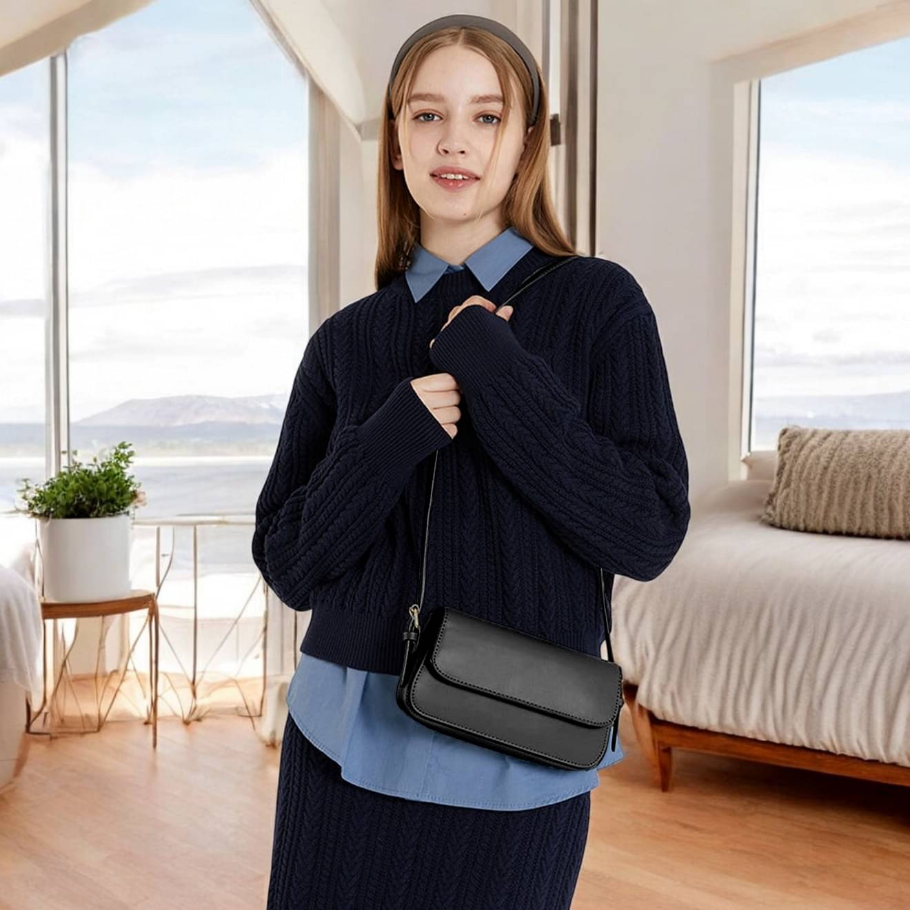     			MI PLUS Sling Bag PU Set of 1 ( Black )